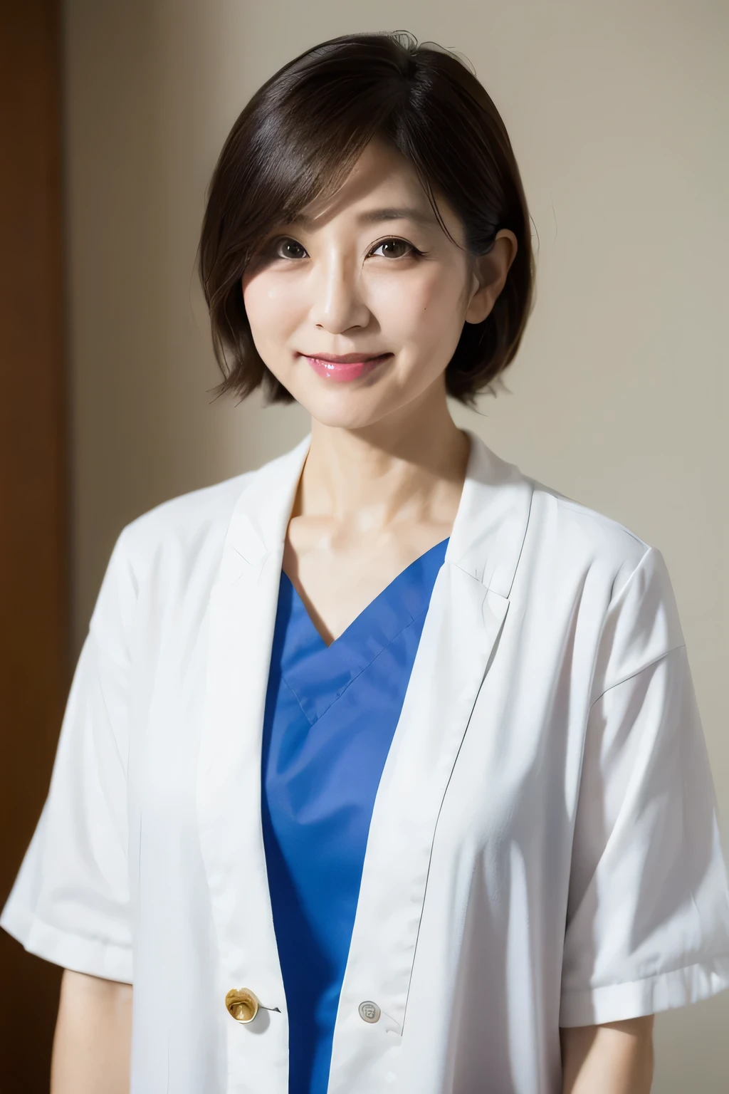 Japanese　Beauty　44 years old　nurse　White Lab Coat　Upper Body　The background is the hospital ward