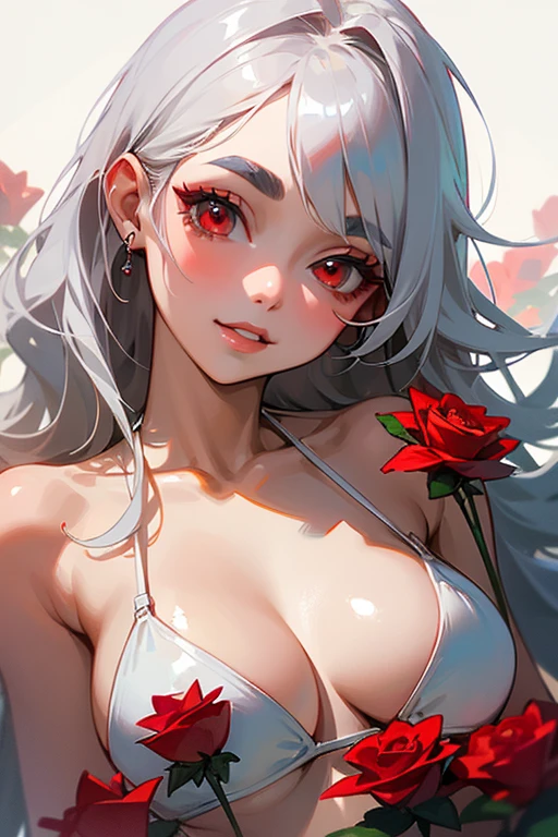 (highest quality, masterpiece:1.2), High resolution, 最高masterpiece、Very detailed, Realistic:1.37, Fantasy, An illustration,Gray Hair、 Red eyes、Queen, White and red swimsuit、beautifully、Eyeshadow Red、Thick eyebrows、Long eyelashes、pupils are black、shiny on the lips、Top Sites、Queen、Princess、A kind smile、Show your teeth a little and smile、Soft impression、people々々々々々々々Loved by、Slimming the face、Kissing Face、Long white hair、Shaggy Bangs、Save face image、Long straight line、Many roses in the background、White and red bikini、above the belly button、