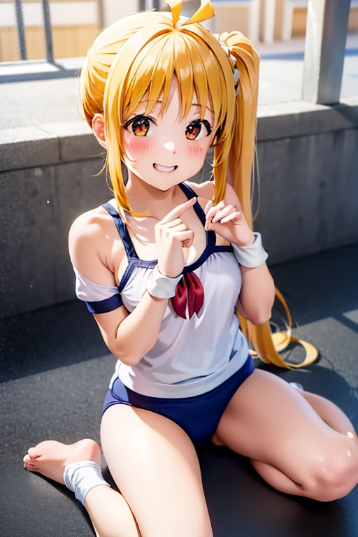 (Tabletop), highest quality, High resolution, 4K, One Girl, alone, blush、smile、Nice hands, 1 in, Side Ponytail, Long Hair, Ahoge, (Navy blue cuffs and white short-sleeved gym uniform)、(Bloomers are bikini type)、(
barefoot)、Navy blue socks、大きなsmile、Ground、Schoolyard、Sexy pose