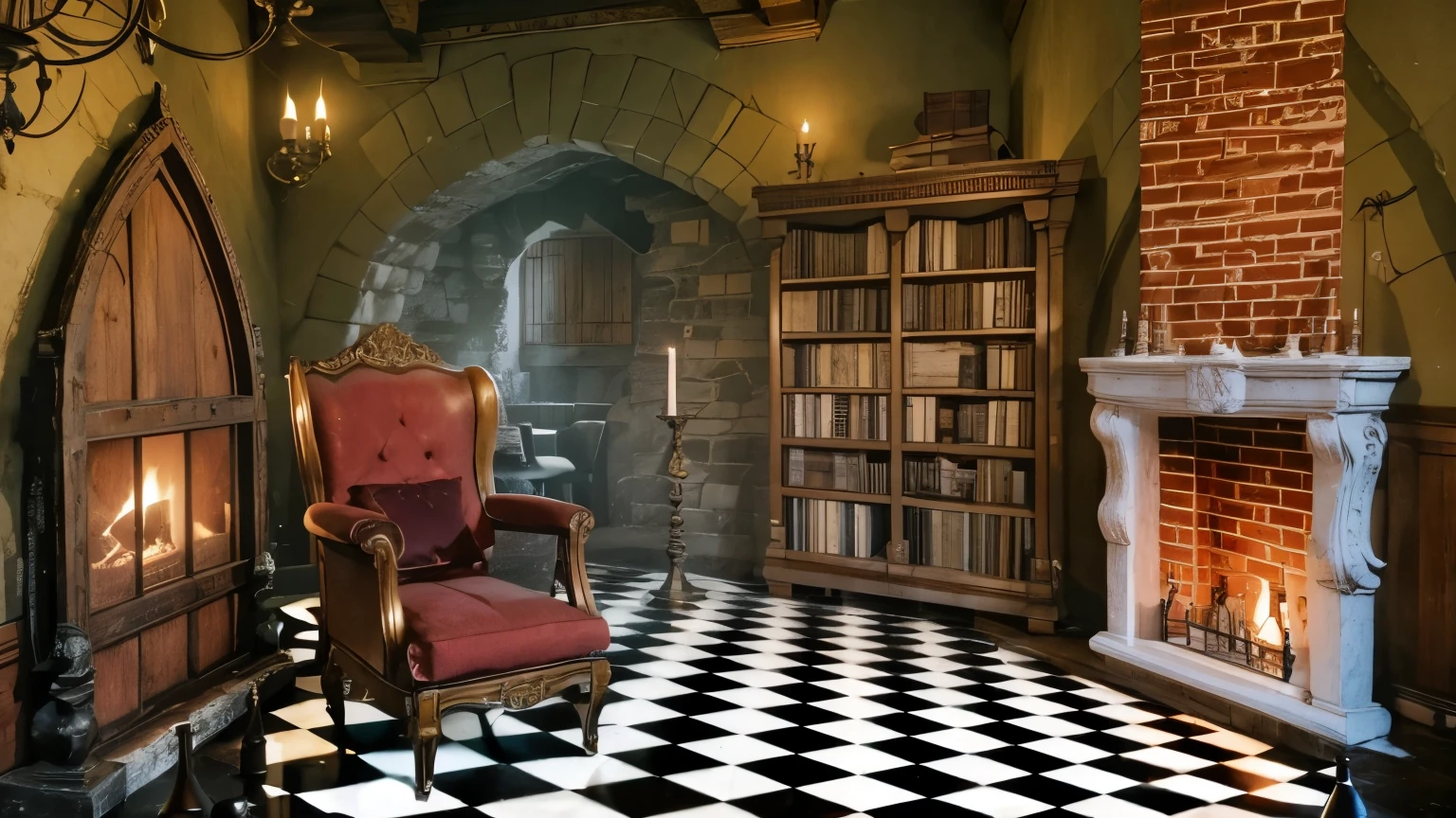 A cozy old castle room at night, wirh chess floor style, a classic castle fireplace aside, a confortable trone chair, a clastle door, a bookshelf, a candle , and other realistics 3d cozy ambient of a castle at night