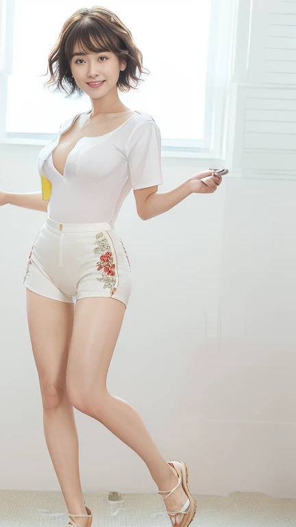(masterpiece:1.3), (8k, Photorealistic, RAW Photos, Best image quality: 1.4), Japanese, (1 girl), Beautiful Face, (A vivid face), (short hair:1.3), Beautiful Hairstyles, Realistic eyes, Beautiful Eyes, (Realistic Skin), Beautiful Skin, charm,Big Breasts、office、(Shooting from a distance、Beautiful legs、whole body:1.7)、(Looking this way、Turning his body towards me、front、forward leaning posture、munechira:1.3)、(The bra is slightly visible、Brasilia:1.3)、(White shirtを着ている、Round neck shirt、A shirt with a slightly open chest、White short sleeve shirt、White shirt:1.8),(Beige underwear with red embroidery:1.4)、(Cleavage:1.2),smile、smile、Beautiful fingertips、(Japanese office lady,Beauty:1.5)