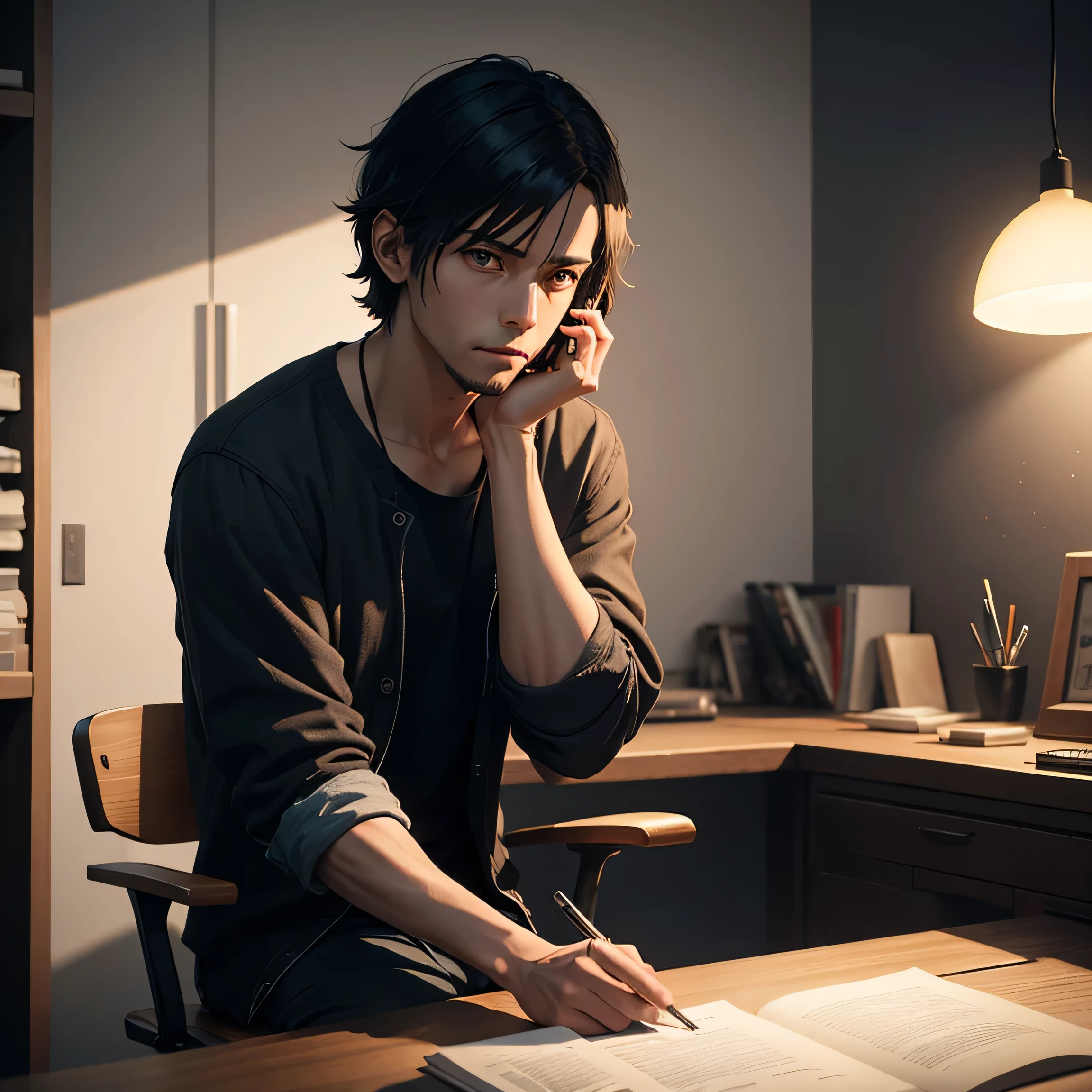 [(MALE),homem de meia idade, cabelo curto, 30 anos, typing on the phone, horror stories, olhar apreensivo, triste], 

[artwork in the style of Guweiz, Makoto Shinkai], 

[dim lighting, dark colors, no background, 8K, masterpiece, great work, great quality]