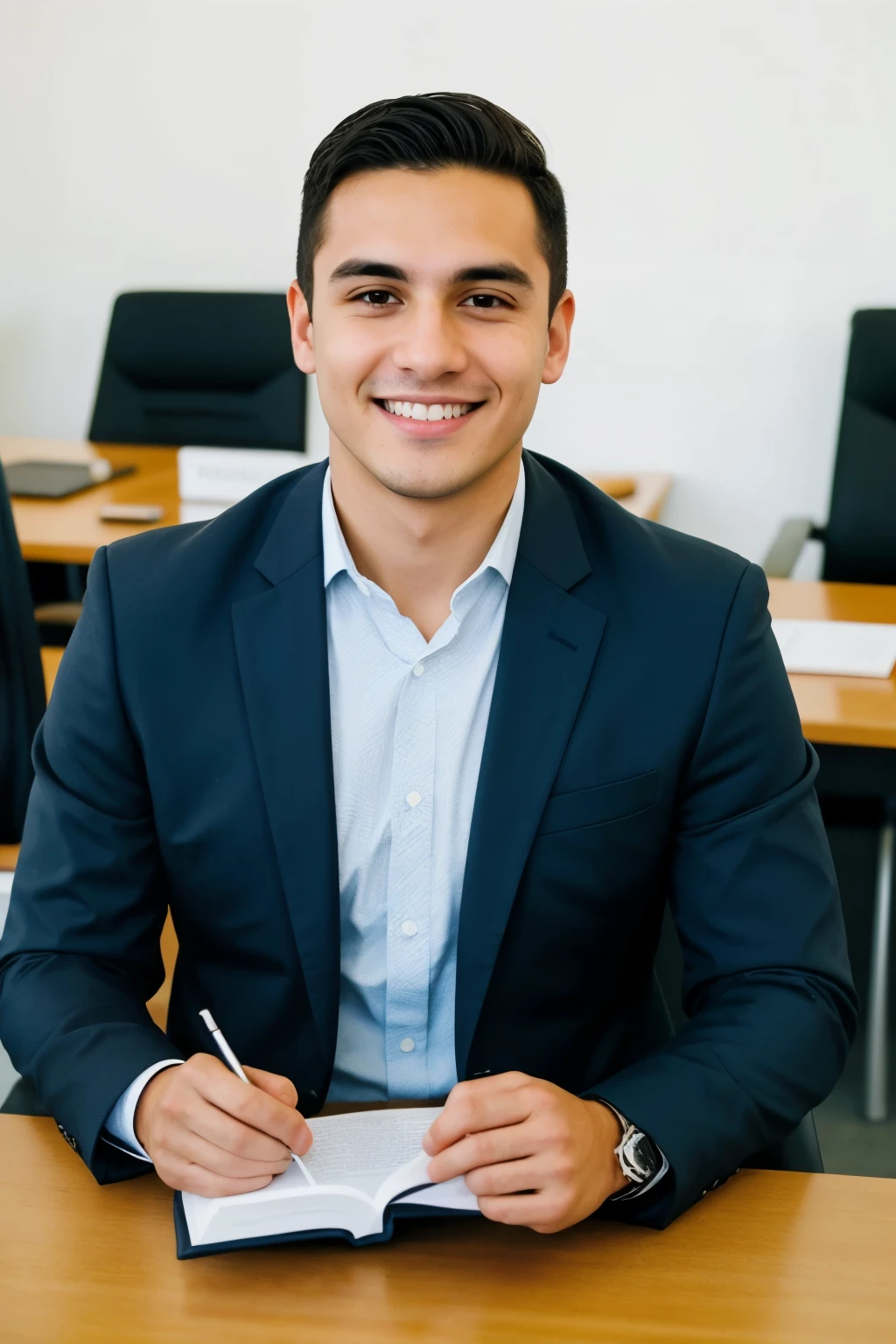 Imagina a un joven profesional que irradia confianza desde el primer vistazo. His face reflects determination, but also a warmth that invites collaboration. Con una mirada segura y una sonrisa amable, This professional conveys the security necessary to establish genuine connections and build solid relationships in the world of work.. Su apariencia proyecta profesionalismo y seriedad en sus compromisos, but also an approachable attitude that makes him easily approachable by colleagues and clients alike. This young professional is the epitome of reliability, capaz de inspirar confianza y generar un ambiente de trabajo positivo en cualquier entorno.
