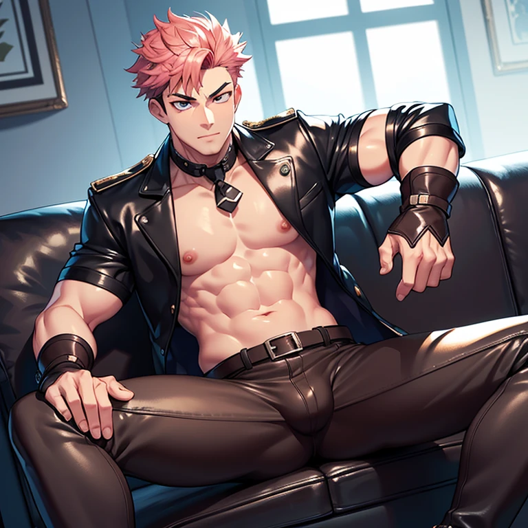 1boy, sukuna, male focus, muscular male, nsfw, 3D, realistic, indoor, normal hue, central, golden ratio, sitting on the leather couch, sharp-featured body, tall, burly, highres, slender build, perfect anatomy, skin texture, see-through bangs, shallow eyebrow, symmetrical eyebrow, large bright eyes, symmetrical eyes, double-edged polearm, broad shoulders, noble attire, abdominals stretch, tight-fitting, leather collar, stand-up collared shirt, striped leather necktie, leather waistcoat, open thickened glossy dark leather jacket, bulging muscles, leather gloves, black leather trousers, leather belt, spreading long thin legs, large erect penis over 10 inches length and 3 inches width, erection, large scrotum with testicles, masturbation, high-heeled leather boots, soft smile, handsome, powerful, from front, looking ahead at viewer, day, tattoo_On_his_face, male, full bodyesbian, A pink-haired, cow boy shot, 8K, super detailing, hands in a pocket, tight leather suit, masterpiece, best quality, hyper-detailed, intricate detail, professional photography, matte, bright, the most beautiful ever seen, post processing, dramatic lighting, ambient lighting, epic composition, ultrawide shot, uplight, raytracing reflections, depth of field, gorgeous background