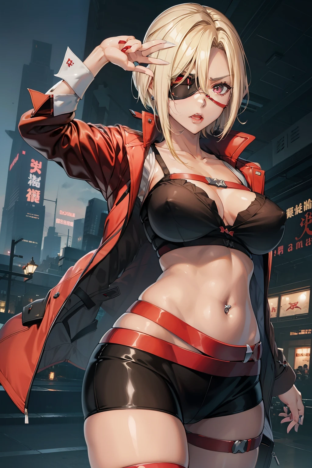 Kurumi s sazaki  , 1girl , anime , masterpiece  , short blonde  hair ,eyepatch, jaqueta aberta open clothes ,medium  breasts  ,no bra,  pantie  , long socks,  angry face  , belly button piercing . 