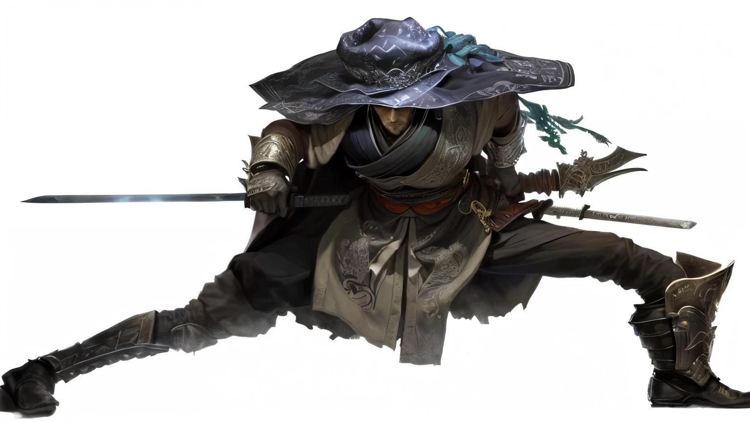 a drawing of a man with a hat and a sword, samurai cthulhu, do desbravador, d&d arte do personagem sol escuro, classe ladino classe guerreira, ttrpg fantasy villain, Inspired by Kan'o Hōgai, Personagem D&D, Samurais ciberpunk, Epic Fantasy D & D Hobbit Ladino, gothic ninja, Mistborn Steel Inquisitor, d&d goblin ladino