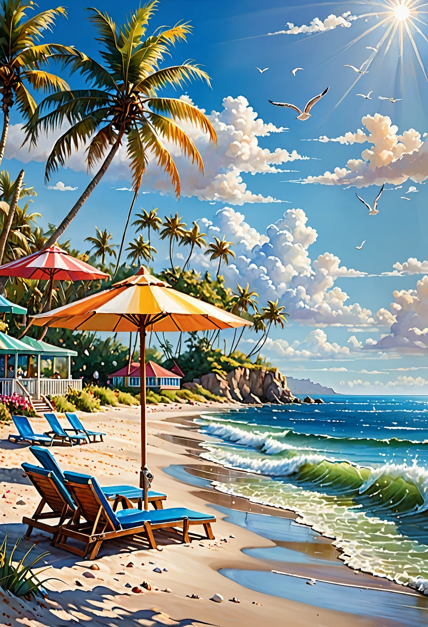 Blue Coast, a beautiful coastline overlooking the deep blue ocean, sandy beaches and crashing waves, palm trees swaying in the gentle breeze, clear blue skies with fluffy white clouds, a lone sailboat in the distance, sparkling sunlight reflecting on the water, seashells scattered on the beach, children building sandcastles, seagulls soaring in the sky, a small beachside cafe serving refreshing drinks, vibrant and saturated colors, soft and warm sunlight, a peaceful and serene atmosphere, a sense of tranquility and relaxation (best quality,ultra-detailed,highres,professional:1.2),coastal landscape,photorealistic,exquisite brushwork,subtle textures and details,layers of vibrant colors,emphasizing the beauty of the ocean, capturing the essence of a summer beach day