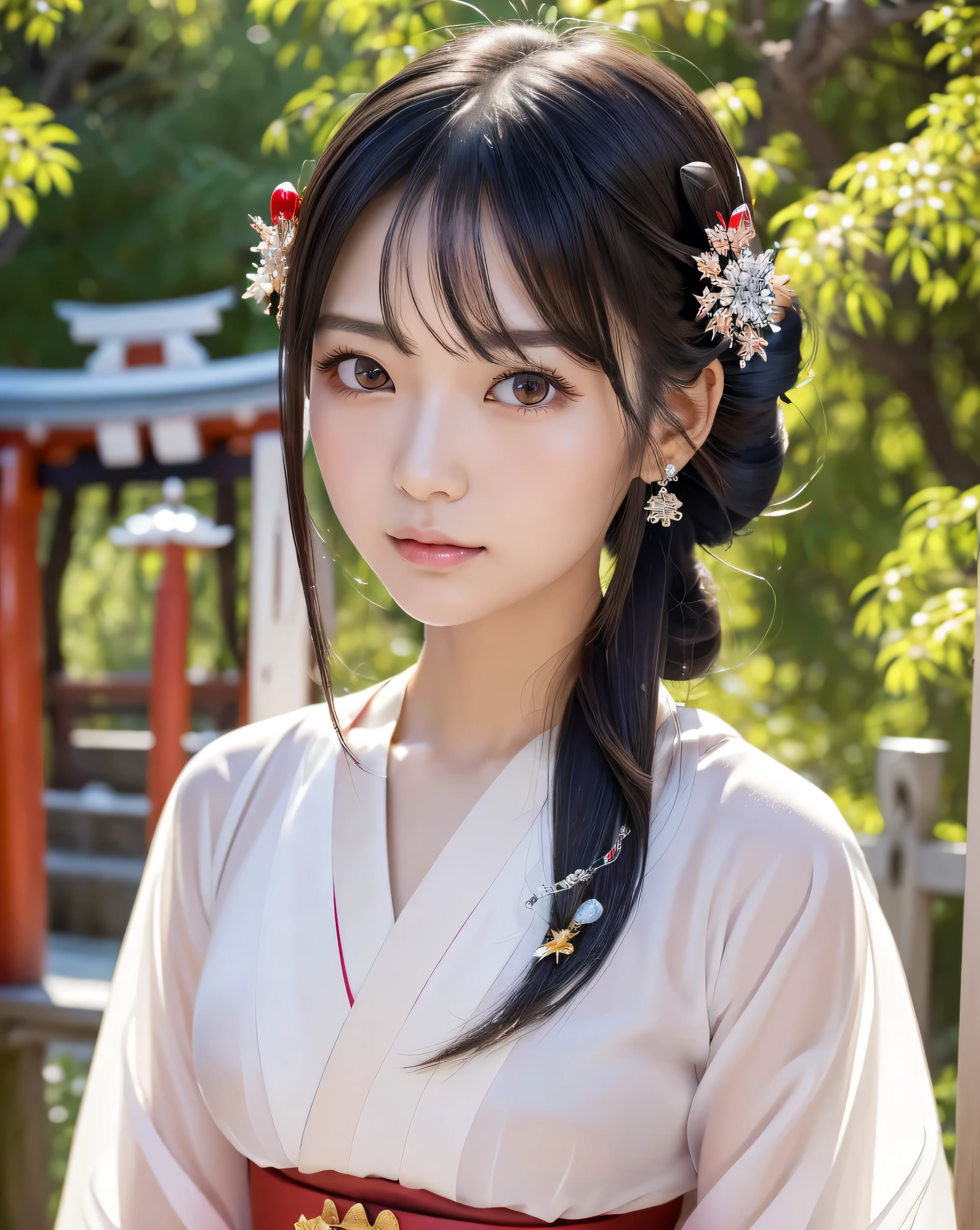 (highest quality, 32k, High resolution, Masterpiece:1.5, ), marimo_jet, god々A photograph with brilliant dazzling and healing power., Evoking a sense of calm and elusive beauty, God's chosen shrine maiden princess々New Dance, Expressing emotions, Have a rich imagination, Beautiful Japanese Girls, An exceptionally beautiful face, Small Face Beauty, Perfect Human Anatomy, Magical big eyes, Motherhood and generosity, Deep Love, Fleeting Expression, Shiny black hair, ((Half-up hairstyle with crystal ornaments:1.4)), Asymmetrical bangs, Hair between the eyes, Transparent, soft white skin, Sharp eyebrows, Thin lashes, ((Natural Makeup:1.1)), Cheek highlighter, Pale pink detailed lips, ((Japanese traditional shrine maiden clothing:1.3)), Red belt, Slim figure, ((The beautiful and dignified God Company:1.2)), Gentle sunlight filtering through the treesProfessional lighting, Professional photographer, Professional models, God's Secret