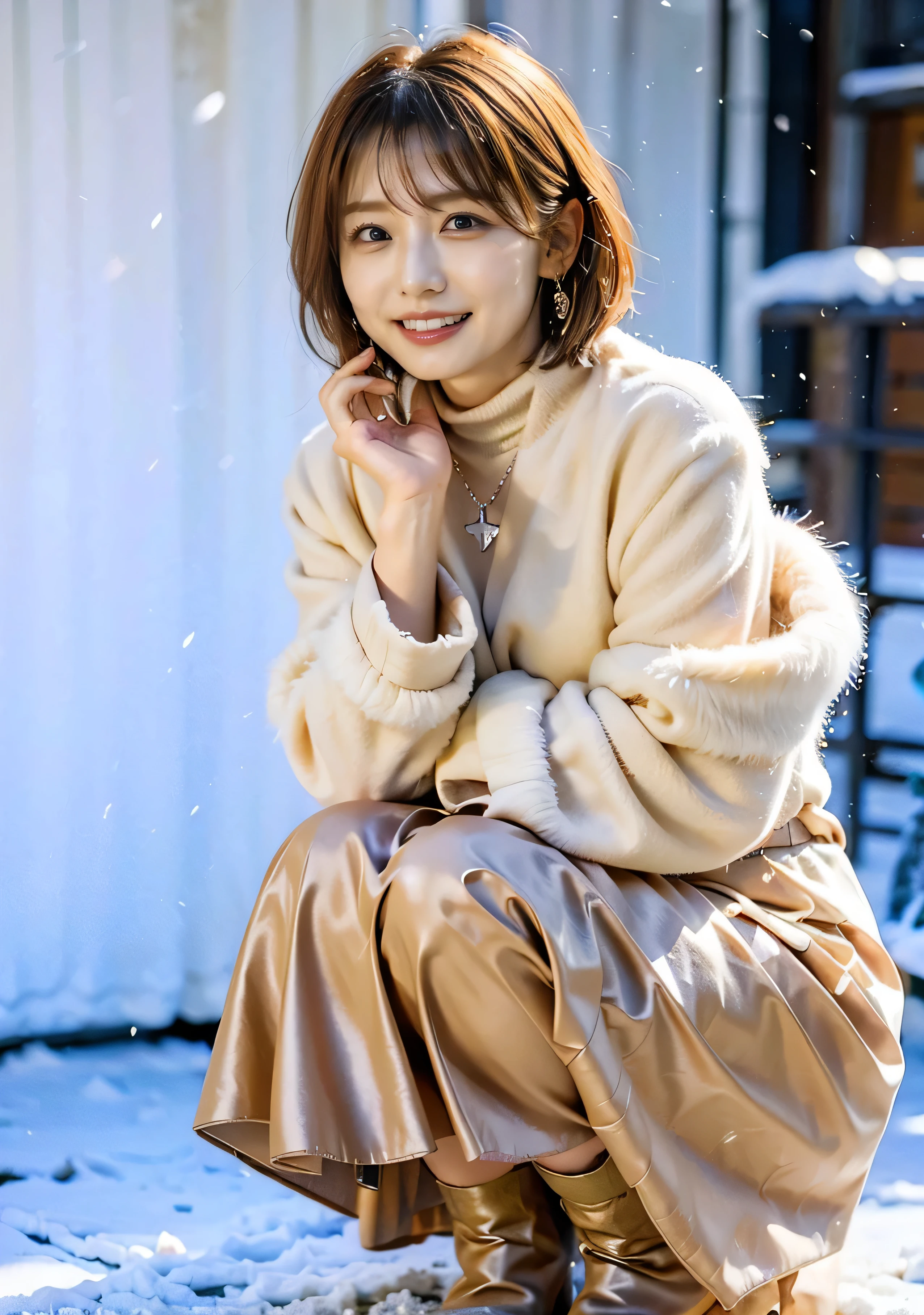 Outdoor、Heavy snow falls、A luxurious grey mink coat with fluffy fur、Wearing black leather boots、A luxurious bag、The inner layer is a luxurious black turtleneck.、Silver necklace and small silver earrings、((Millionaire Style:1.4))、Full body photo、smile、 Caustics、Highly detailed photos、Very beautiful woman 、Ample breasts、No makeup、(8k、RAW Photos、highest quality、masterpiece:1.2)、(Realistic、Realistic)、1 girl、((Medium Short Hair、Midwinter、Cold region Snow is falling、The wind is blowing、Fluttering Hair、Background Bokashi、Colorful illumination、Looking into the camera:1.4))、