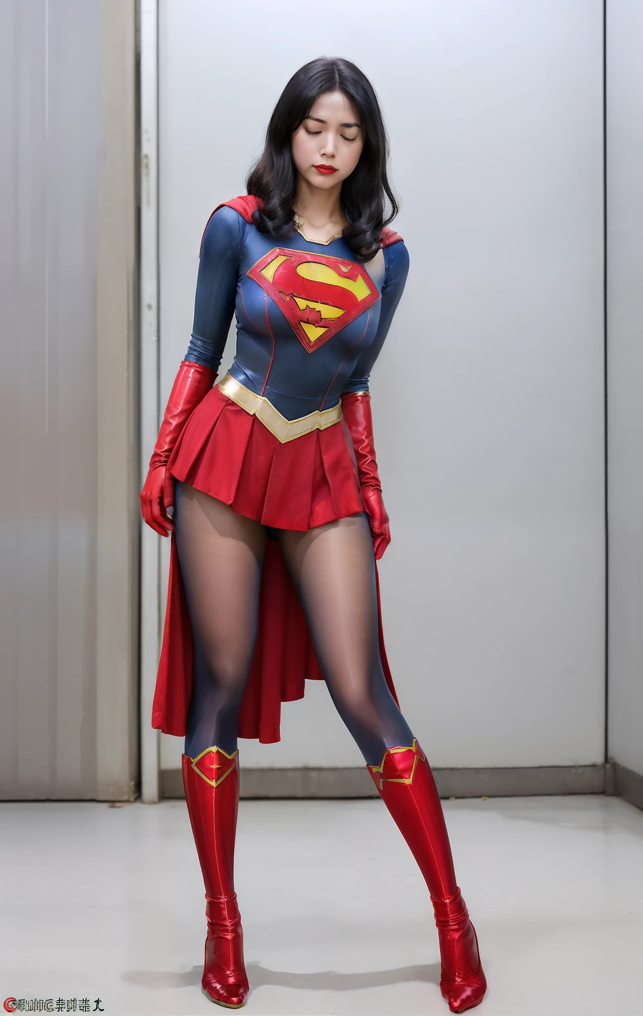 (((Make the most of your original images)))、(((Supergirl Costume)))、(((hang)))、(((close your eyes、Sleeping)))、((bra、weak legs))、(((Downward、Pushed down)))、((obtain))、((suffering))、((Doll condition))、((suffering))、(((Wear red gloves)))、(((Shiny black hair)))