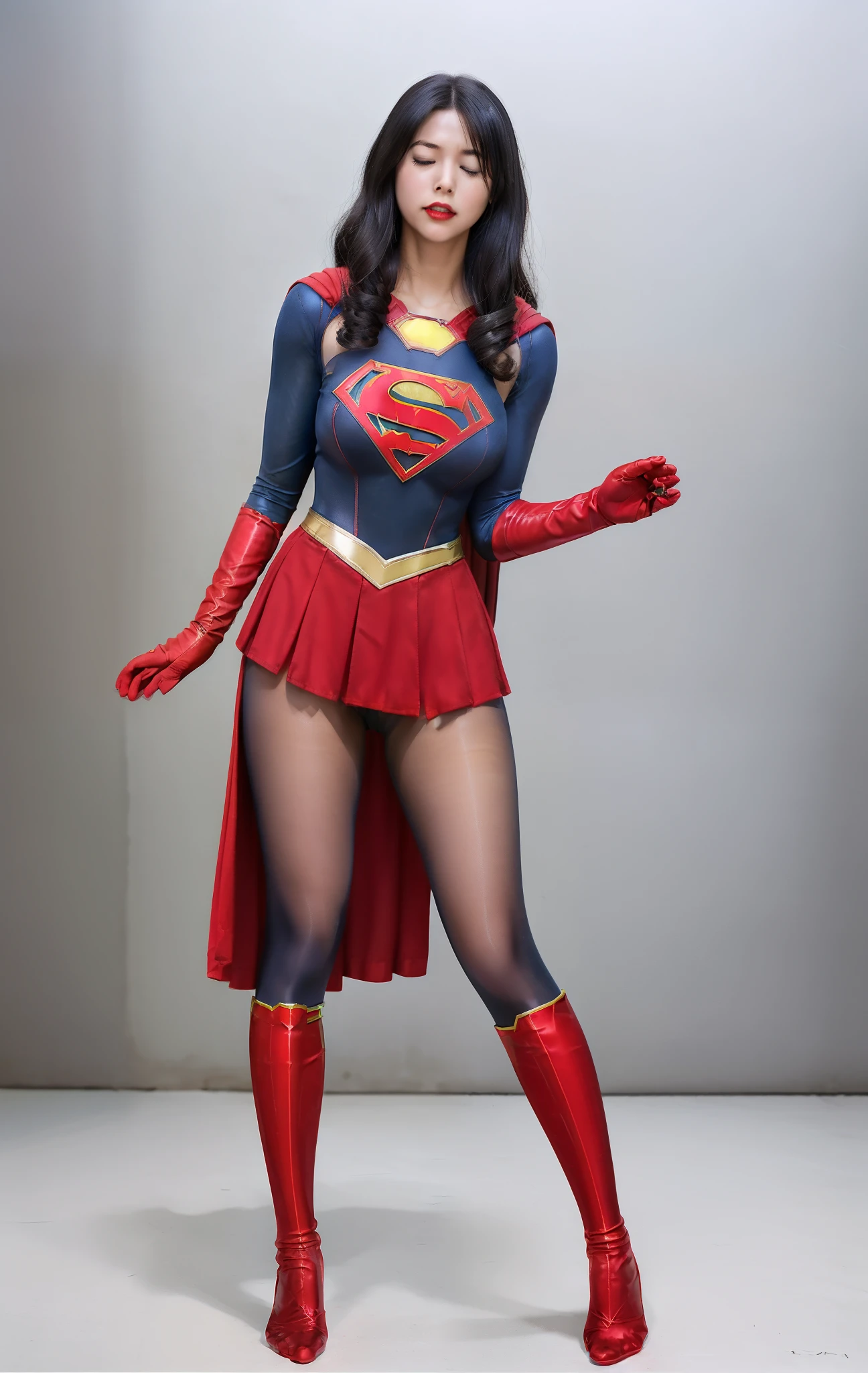 (((Make the most of your original images)))、(((Supergirl Costume)))、(((hang)))、(((close your eyes、Sleeping)))、((bra、weak legs))、(((Downward、Pushed down)))、((obtain))、((suffering))、((Doll condition))、((suffering))、(((Wear red gloves)))、(((Shiny black hair)))