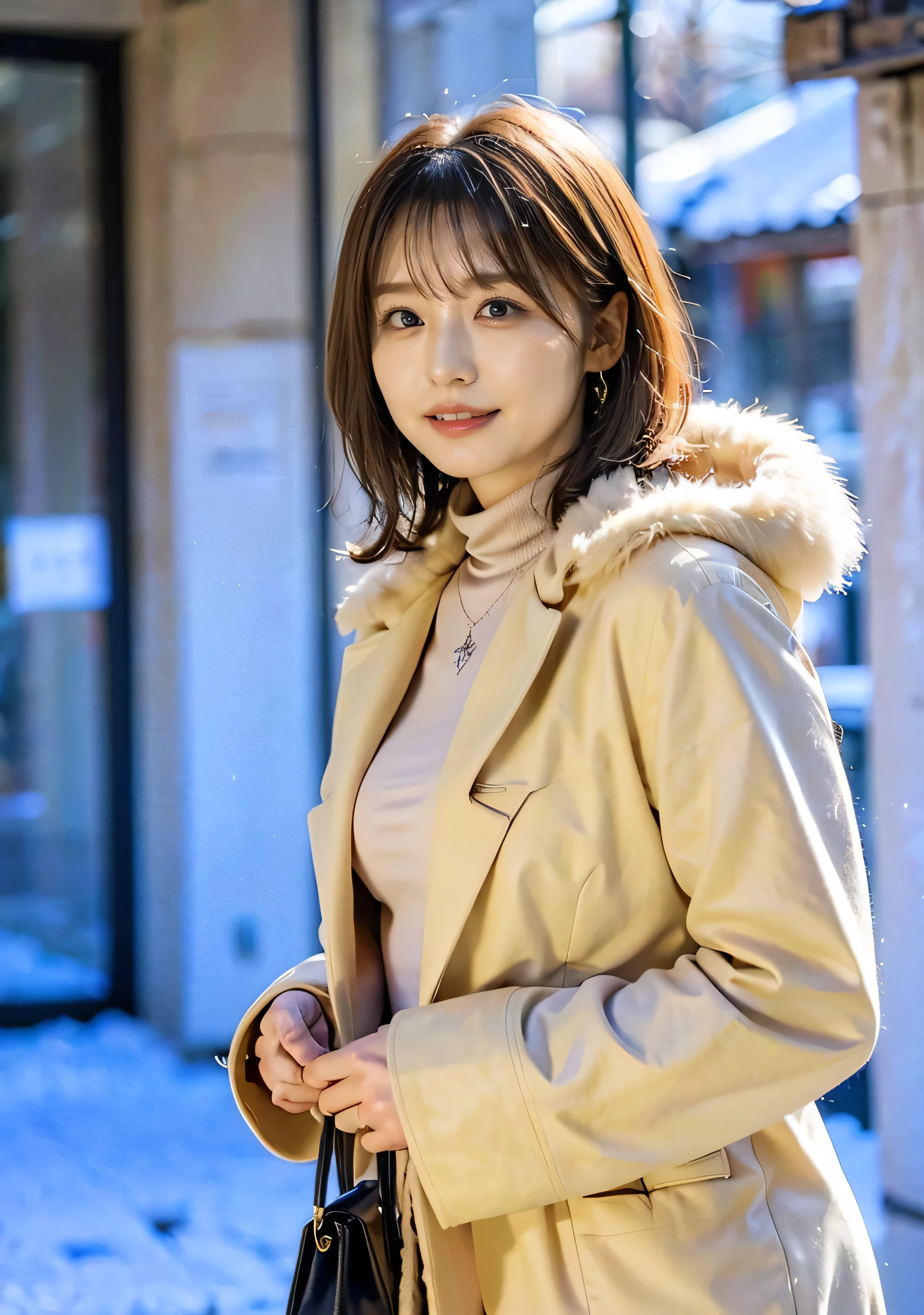 Outdoor、A luxurious grey mink coat with fur、Wearing leather boots、A luxurious bag、The inner turtleneck、Silver necklace and small silver earringillionaire Style:1.4))、Full body photo、smile、 Caustics、Highly detailed photos、Very beautiful woman 、Ample breasts、No makeup、(8k、RAW Photos、highest quality、masterpiece:1.2)、(Realistic、Realistic)、1 girl、((Medium Short Hair、Midwinter、Cold region Snow is falling、The wind is blowing、Fluttering Hair、Background Bokashi、Colorful illumination、Looking into the camera:1.4))、