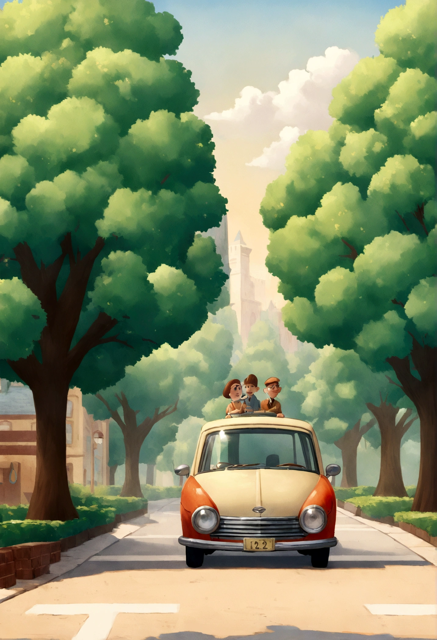 desenho animado estilo pixar,municipal park with trees. a street with a car passing by