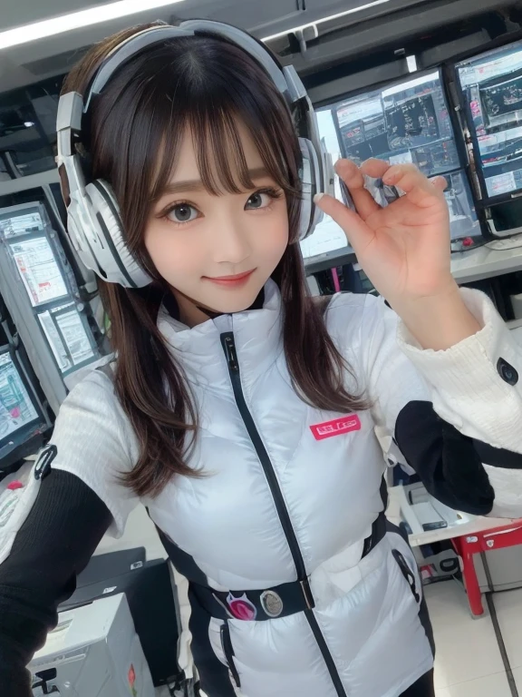 masterpiece, highest quality, Very detailed, 8K Portrait,Japanese Android Girl,plump , Control panel,Robotic arms and legs, Blunt bangs,,break (Metallic Gray, Metallic luster, Mirror finish, Astro Best):5,headphone:5,break (Black sleeves):100,Smart Watches,Futuristic space station,Control Room,break headphone,blue eyes,(Black Hair):2,(Long Hair):1.3,View the viewer,(respirator),break blush:3,Hidden Hand,smile