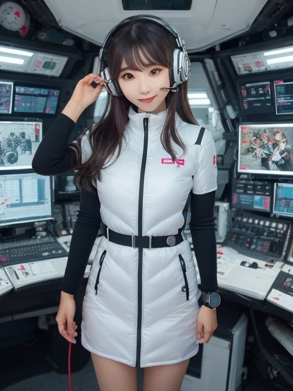 masterpiece, highest quality, Very detailed, 8K Portrait,Japanese Android Girl,plump , Control panel,Robotic arms and legs, Blunt bangs,,break (Metallic Gray, Metallic luster, Mirror finish, Astro Best):5,headphone:5,break (Black sleeves):100,Smart Watches,Futuristic space station,Control Room,break headphone,blue eyes,(Black Hair):2,(Long Hair):1.3,View the viewer,(respirator),break blush:3,Hidden Hand,smile