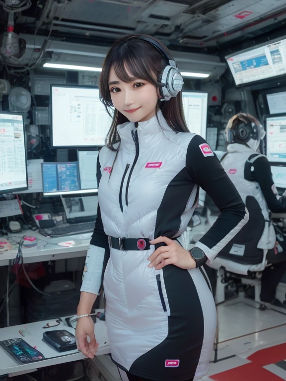 masterpiece, highest quality, Very detailed, 8K Portrait,Japanese Android Girl,plump , Control panel,Robotic arms and legs, Blunt bangs,,break (Metallic Gray, Metallic luster, Mirror finish, Astro Best):5,headphone:5,break (Black sleeves):100,Smart Watches,Futuristic space station,Control Room,break headphone,blue eyes,(Black Hair):2,(Long Hair):1.3,View the viewer,(respirator),break blush:3,Hidden Hand,smile