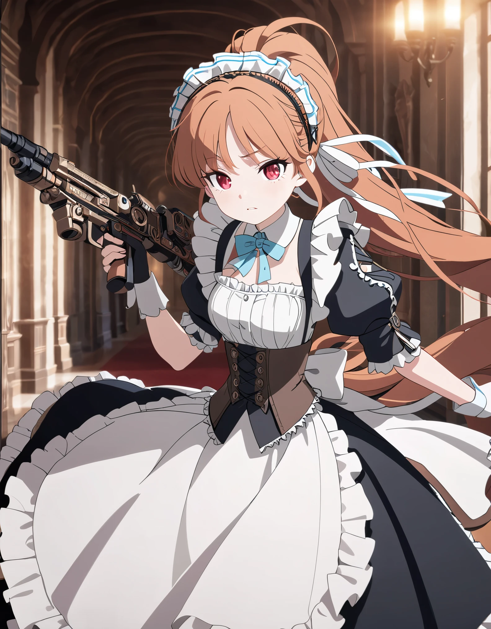 (best quality,4k,8k,highres,masterpiece:1.2),ultra-detailed, (1girl) A cute teenage gunslinger maid with red eyes, drawn in anime style, spiky ginger hair in a long ponytail, protective and caring, victorian fashion, wearing a cute black maid dress with short puffy sleeves, gorgeous dress design,flowing gown,elaborate lace details,rich textures,contrast stitching,delicate ribbon bows,floral accents,full skirt,fitted waistline,lace-up back,luxurious fabrics,flawless silhouette,corset, tactical gear, light armour, petticoat, bloomers, a frilly headband, a frilly white apron, high-heel boots, black and white striped stockings, ribbons, wielding a steampunk gun, steampunk style, guarding a castle hallway, extremely detailed eyes and face,longeyelashes,volumetric lighting,cinematic lighting,protective posture,dramatic close up,highly detailed texture,intricate details.