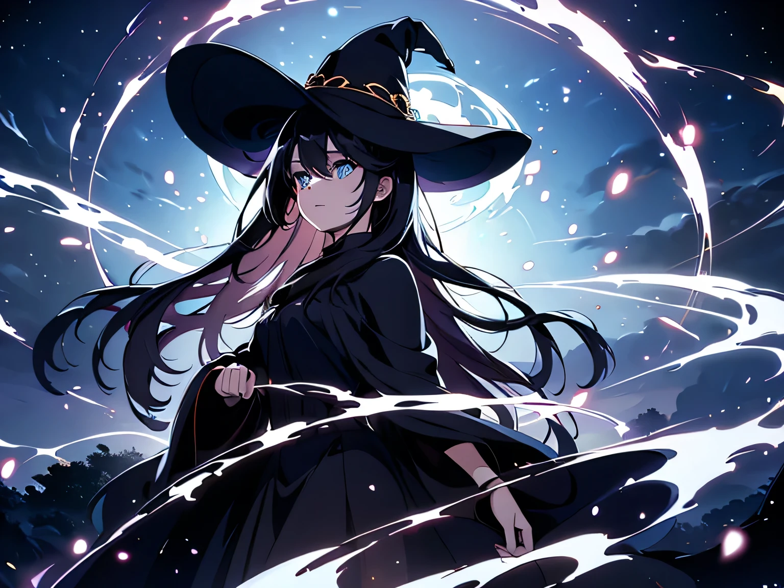 1 woman mage, the wisdom of the woman is reflected in her calm look, (((perfect eyes)))), long black hair gives off light amber light reflections, her clothes are blue in light and dark tones, with details in golden color, she wears a white shirt with fancy ornaments, (Masterpiece:1.2), (Best Quality), Detailed, UHD, Cinematic Lighting, sharp focus, (illustration:1.1), intricate, 8k CG, perfect artwork, (full body:0.6), detailed background, witch hat, witch, magical atmosphere, hair flowing in the wind, colorful glowing magic spell in the air, swirling portal, dark magic, (style-swirlmagic:0.8), floating particles, dark sinister forest background, updraft, backlighting,