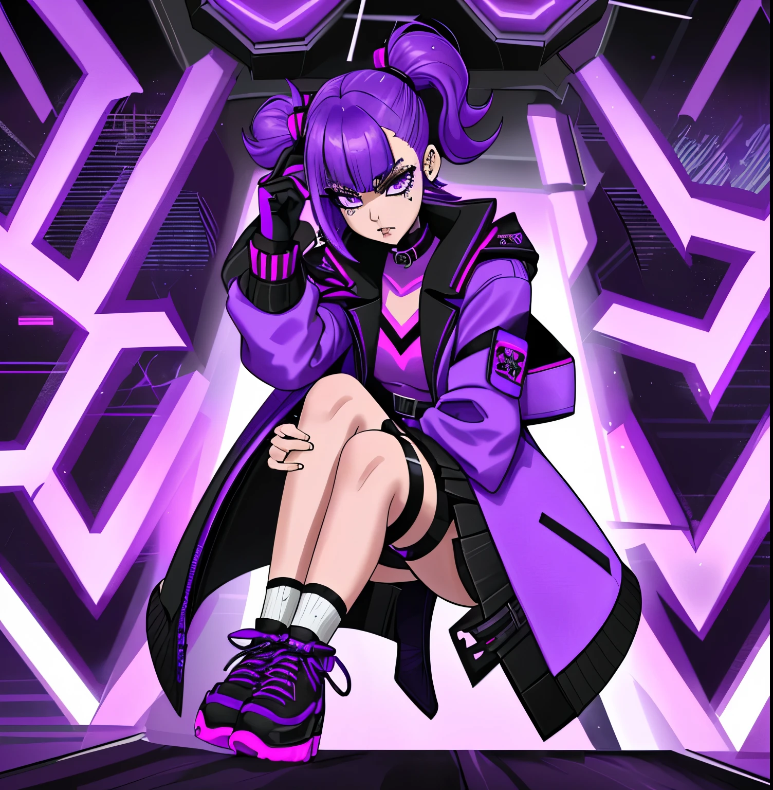 a close up of a person wearing a purple and black jacket, cyber future jacket, purple jacket, stylish coat for a rave, pastel goth aesthetic, coat for a rave, wearing jacket and skirt, pastel clothing, purple raincoat, loose coat collar sailor uniform, purple and black clothes, pastel goth, japanese streetwear, y2k style