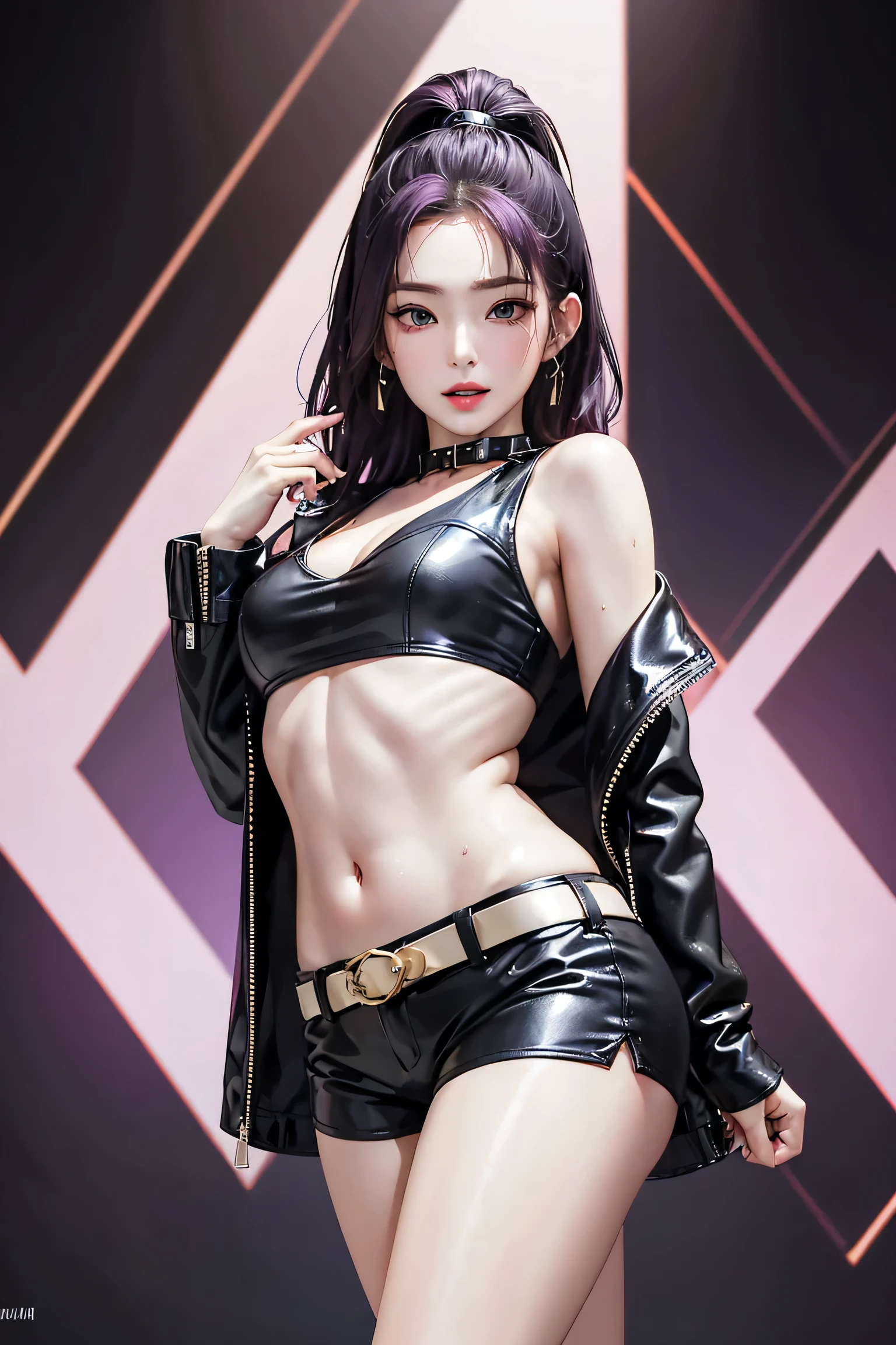 (Finest quality)),(A high resolution),(ultra-detailed art),(Meticulous portrayal),(Finest works of art),sharp,Clear,Ultra-Precision Art,The art of astounding depiction,(masterpiece), high quality, stable diffusion,
short Hair, short ponytail, purple hair, vibrant purple hair, extremely detailed hair, detailed bangs, with bangs,
pretty face, beautiful lips, soft lips,pretty face, close up face, gorgeous beauty, large earings,
serious face, pretty nose, beautiful nose, perfect nose, pretty eyes, beautiful eyes, sparkling eyes, detailed eyes, lively eyes, perfect eyes, green eyes, looking at camera, facing camera,
happy, jolly, smiling, seductive, blushing, bukake, happy female idol, happy face, jolly face, excited face,
rings on fingers, earings, bracelets, clear skin,white skin, soft skin, small bust, small breasts, smooth skin, side boob, sexy navel, mole in breast, wide hips,
beautiful girl irene, red velvet irene,
slight cleaving, expose shoulders, expose collar bone, perfect body, full body, detailed thighs, detailed legs, perfect hands, perfect arms, detailed hands, detailed breasts, detailed eyes. detailed nose, detailed lips, detailed arms, no background, show navel, sexy body, full body image, full body pose, full body picture, show legs, show shoes,
cool standing pose,
low-rise black leather mini shorts, black leather shorts, black detailed mini shorts, gold belt, black below knee-high boots, black boots, black leather tube top, , leather jacket, black elegant jacket, detailed black jacket, large leather jacket,
expensive jacket, single person, one female only, one human only, one person only, single female, elegant female, rich female, standing, both hands raise, show knees, show legs, show tongue, show whole body, full body shot, sexy legs, sexy tongue, drooling,
pretty woman, great choreography, sweaty face, sweaty thighs, sweaty legs, sweaty breasts,dancer, sexy, seductive, horny,
temple background,