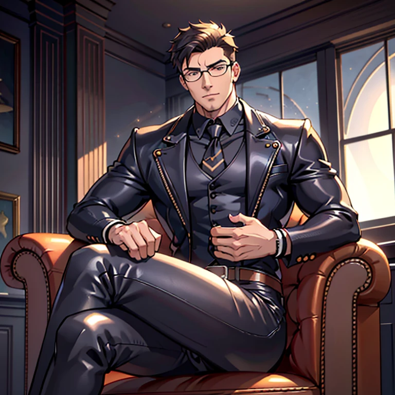 1boy, 16~20 years old, male focus, muscular male, nsfw, 3D, realistic, indoor, normal hue, central, golden ratio, sitting on the leather couch, sharp-featured body, tall, burly, highres, slender build, perfect anatomy, skin texture, thick dark buzzcut hair, see-through bangs, shallow eyebrow, symmetrical eyebrow, large bright eyes, symmetrical eyes, square gold-rimmed glasses, big straight nose, closed mouth, double-edged polearm, broad shoulders, noble attire, bdominal stretch, tight-fitting, leather collar, stand-up collared shirt, necktie, waistcoat, open thickened glossy dark leather jacket, six-pack abs, leather gloves, black trousers, leather belt, spreading long thin legs, large erect penis over 10 inches length and 3 inches width, erection, large scrotum with testicles, masturbation, high-heeled leather boots, soft smile, handsome, powerful, from front, looking ahead at viewer, day, masterpiece, best quality, hyper-detailed, intricate detail, professional photography, matte, bright, the most beautiful ever seen, post processing, dreamatic lighting, ambient lighting, epic composition, ultrawide shot, uplight, raytracing reflections, depth of field, gorgeous background