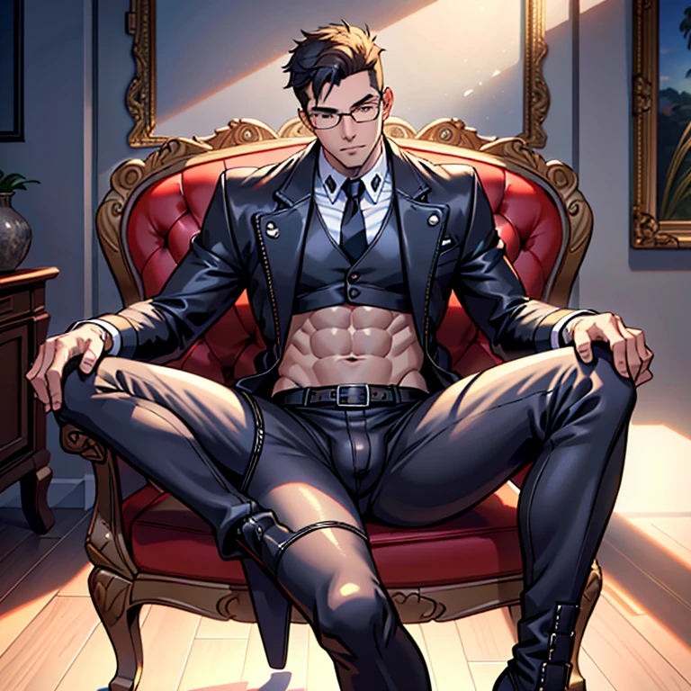 1boy, ~20 years old, male focus, muscular male, nsfw, 3D, realistic, indoor, normal hue, central, golden ratio, sitting on the leather couch, sharp-featured body, tall, burly, highres, slender build, perfect anatomy, skin texture, thick dark buzzcut hair, see-through bangs, shallow eyebrow, symmetrical eyebrow, large bright eyes, symmetrical eyes, square gold-rimmed glasses, big straight nose, closed mouth, double-edged polearm, broad shoulders, noble attire, bdominal stretch, tight-fitting, leather collar, stand-up collared shirt, necktie, waistcoat, open thickened glossy dark leather jacket, six-pack abs, leather gloves, black trousers, leather belt, spreading long thin legs, large erect penis over 10 inches length and 3 inches width, erection, large scrotum with testicles, masturbation, high-heeled leather boots, soft smile, handsome, powerful, from front, looking ahead at viewer, day, masterpiece, best quality, hyper-detailed, intricate detail, professional photography, matte, bright, the most beautiful ever seen, post processing, dreamatic lighting, ambient lighting, epic composition, ultrawide shot, uplight, raytracing reflections, depth of field, gorgeous background