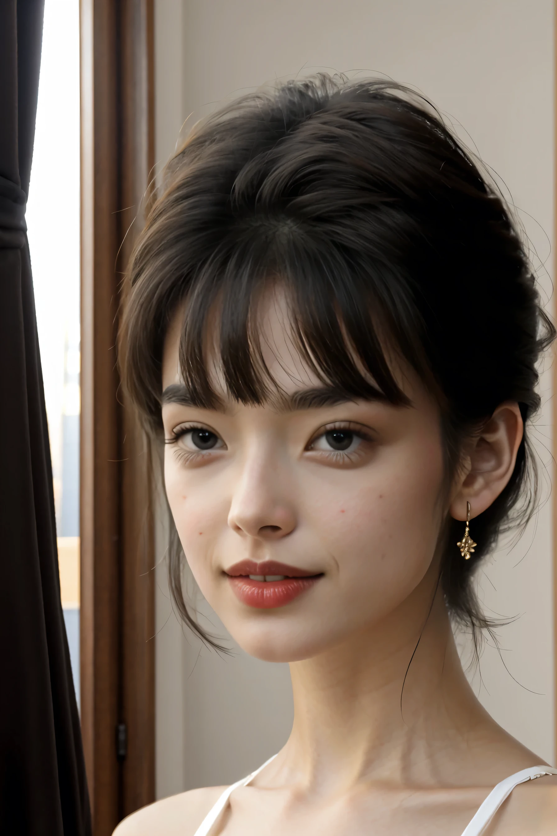 ((​masterpiece、top-quality、high-detail,8K))、1 beautiful Japan model、(Photorealsitic:1.4)、solo、closes mouth、pretty black hair、so short hair、A detailed eye,Distinct double eyelids、Lashes、Put your ears out、long neck、Colossal ,Emphasizes cleavage,Absolute area、skirt by the、)、(Cap、Draw all the shoulders)、30-years old、Attractive proportions、glowy skin、Clean collarbone、The face of the golden ratio、face perfect、Tear mole,bangss、Clean bangs、lipgloss、Thick lip、White-colored skin、barechested、Black Rubber One Piece Swimsuit、Bring your chest together with both hands,