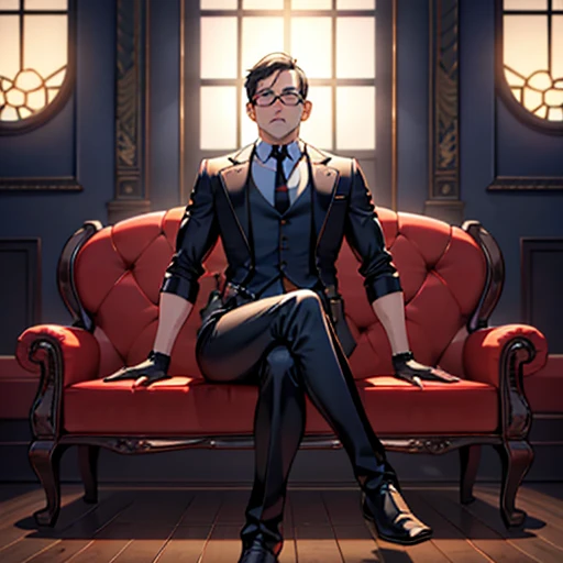 1boy, 16~20 years old, male focus, muscular male, nsfw, 3D, realistic, indoor, normal hue, central, golden ratio, sitting on the leather couch, sharp-featured body, tall, burly, highres, slender build, perfect anatomy, skin texture, thick dark buzzcut hair, see-through bangs, shallow eyebrow, symmetrical eyebrow, large bright eyes, symmetrical eyes, square gold-rimmed glasses, big straight nose, closed mouth, double-edged polearm, broad shoulders, noble attire, bdominal stretch, tight-fitting, leather collar, stand-up collared shirt, necktie, waistcoat, open thickened glossy dark leather jacket, six-pack abs, leather gloves, black trousers, leather belt, spreading long thin legs, large erect penis over 10 inches length and 3 inches width, erection, large scrotum with testicles, masturbation, high-heeled leather boots, soft smile, handsome, powerful, from front, looking ahead at viewer, day, masterpiece, best quality, hyper-detailed, intricate detail, professional photography, matte, bright, the most beautiful ever seen, post processing, dreamatic lighting, ambient lighting, epic composition, ultrawide shot, uplight, raytracing reflections, depth of field, gorgeous background
