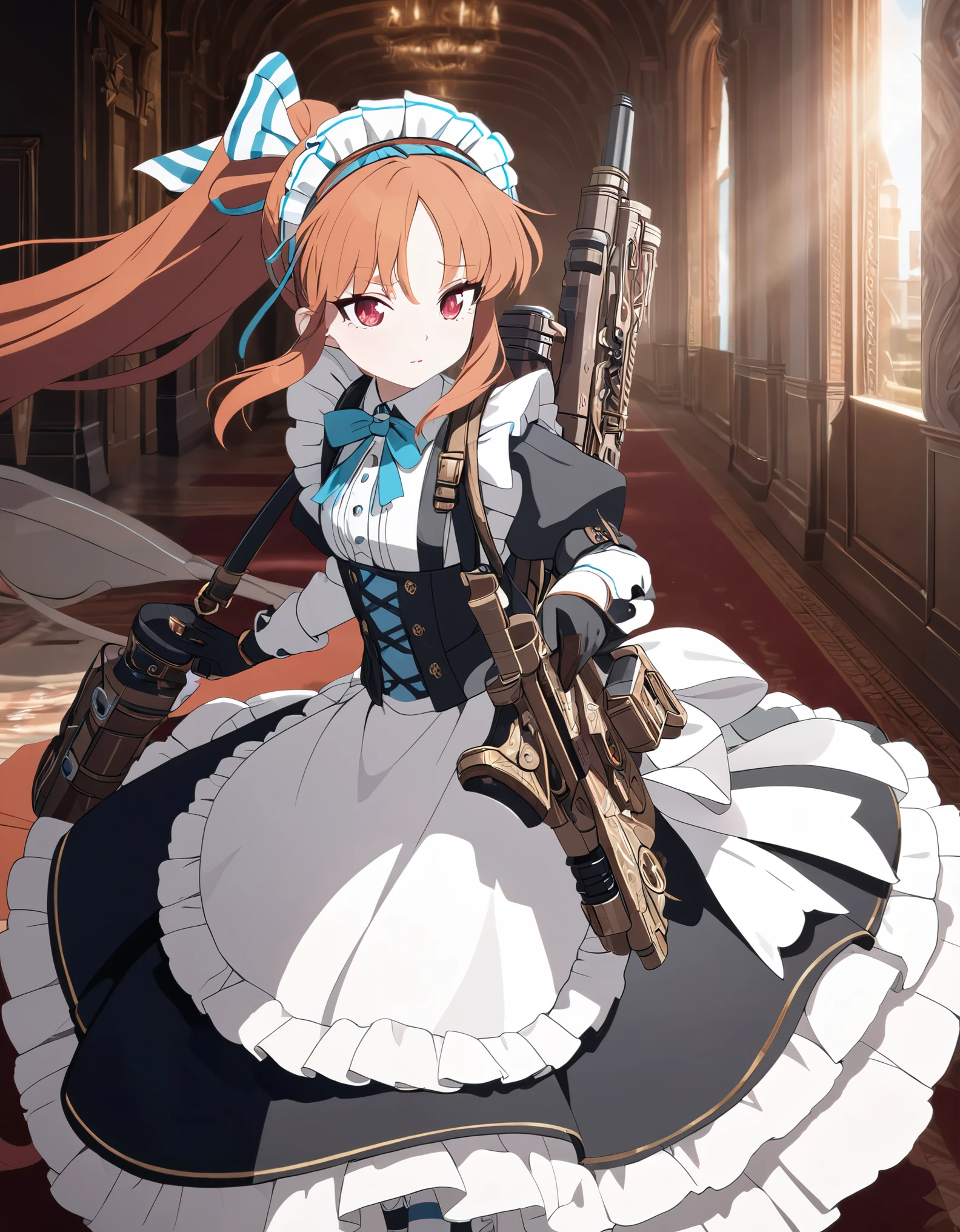 (best quality,4k,8k,highres,masterpiece:1.2),ultra-detailed, (1girl) A cute teenage gunslinger maid with red eyes, drawn in anime style, spiky ginger hair in a long ponytail, protective and caring, victorian fashion, wearing a cute black maid dress with short puffy sleeves, gorgeous dress design,flowing gown,elaborate lace details,rich textures,contrast stitching,delicate ribbon bows,floral accents,full skirt,fitted waistline,lace-up back,luxurious fabrics,flawless silhouette,corset, tactical gear, light armour, petticoat, bloomers, a frilly headband, a frilly white apron, high-heel boots, black and white striped stockings, ribbons, wielding a steampunk gun, steampunk style, guarding a castle hallway, extremely detailed eyes and face,longeyelashes,volumetric lighting,cinematic lighting,protective posture,dramatic close up,highly detailed texture,intricate details.