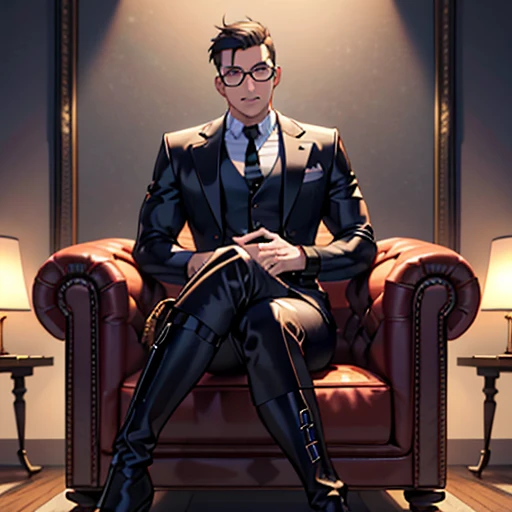 1boy, 16~20 years old, male focus, muscular male, nsfw, 3D, realistic, indoor, normal hue, central, golden ratio, sitting on the leather couch, sharp-featured body, tall, burly, highres, slender build, perfect anatomy, skin texture, thick dark buzzcut hair, see-through bangs, shallow eyebrow, symmetrical eyebrow, large bright eyes, symmetrical eyes, square gold-rimmed glasses, big straight nose, closed mouth, double-edged polearm, broad shoulders, noble attire, bdominal stretch, tight-fitting, leather collar, stand-up collared shirt, necktie, waistcoat, open thickened glossy dark leather jacket, six-pack abs, leather gloves, black trousers, leather belt, spreading long thin legs, large erect penis over 10 inches length and 3 inches width, erection, large scrotum with testicles, masturbation, high-heeled leather boots, soft smile, handsome, powerful, from front, looking ahead at viewer, day, masterpiece, best quality, hyper-detailed, intricate detail, professional photography, matte, bright, the most beautiful ever seen, post processing, dreamatic lighting, ambient lighting, epic composition, ultrawide shot, uplight, raytracing reflections, depth of field, gorgeous background