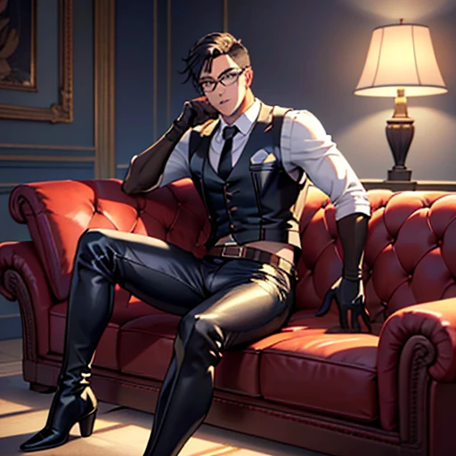 1boy, 16~20 years old, male focus, muscular male, nsfw, 3D, realistic, indoor, normal hue, central, golden ratio, sitting on the leather couch, sharp-featured body, tall, burly, highres, slender build, perfect anatomy, skin texture, thick dark buzzcut hair, see-through bangs, shallow eyebrow, symmetrical eyebrow, large bright eyes, symmetrical eyes, square gold-rimmed glasses, big straight nose, closed mouth, double-edged polearm, broad shoulders, noble attire, bdominal stretch, tight-fitting, leather collar, stand-up collared shirt, necktie, waistcoat, open thickened glossy dark leather jacket, six-pack abs, leather gloves, black trousers, leather belt, spreading long thin legs, large erect penis over 10 inches length and 3 inches width, erection, large scrotum with testicles, masturbation, high-heeled leather boots, soft smile, handsome, powerful, from front, looking ahead at viewer, day, masterpiece, best quality, hyper-detailed, intricate detail, professional photography, matte, bright, the most beautiful ever seen, post processing, dreamatic lighting, ambient lighting, epic composition, ultrawide shot, uplight, raytracing reflections, depth of field, gorgeous background