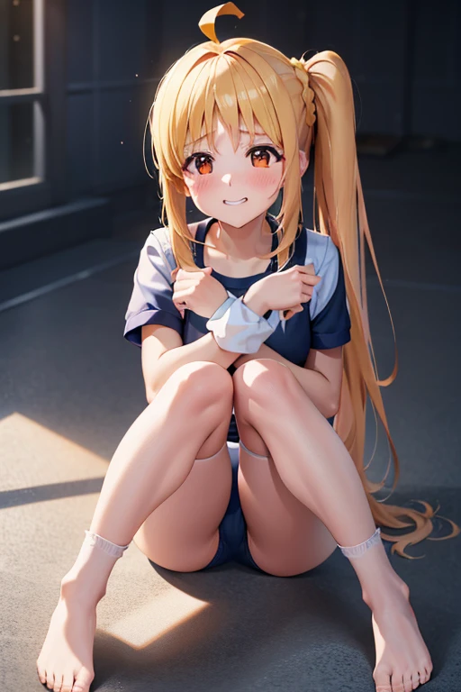 (Tabletop), highest quality, High resolution, 4K, One Girl, alone, blush、Shame face、Nice hands, 1 in, Side Ponytail, Long Hair, Ahoge, (Navy blue cuffs and white short-sleeved gym uniform)、(Bloomers are bikini type)、(
barefoot)、Navy blue socks、Big smile、Ground、Schoolyard、sit、((Open your legs wide))