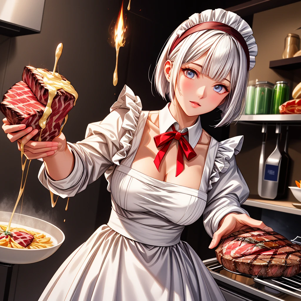 Beautiful woman, ( chef)blunt bangs,((medium hair ,white Bob Hair、:1.2)),(ultra-detailed eyes, beautiful and detailed face, detailed eyes: 0.9), ,((full shot)),red eyes , longeyelashes, beautiful hair, beautiful face, beautiful detailed eyes, (((masterpiece))), (((best quality))), (((ultra detailed))), (((high-resolution))), ((super fine illustration)),Ultra-detailed photography with great depth of field, detailed eyes, ,small breasts,, (masterpiece:1.2) 、8k, RAW Photos, highest quality, masterpiece, Realistic, Photorealistic, (1 Ultimate beauty), 18 years old, Highly detailed face,Detailed eyes, double eyelid, No expression,(((cold look,hair intakes,a forehead:0.1))),、long sleeve maid attire, {maid}, {long maid dress},puff sleeves、Forehead、.no exposure、、,Eyes,Red ribbons on both sides of the headband,full body、kitchen cooking a meal、Character is cooking steak on a huge fire, In the style of star art group Xing, Realistic portrait, Handsome, gongbi, Romantic Academia, event, pastoral charm , 32K, Best Quality, masutepiece, Super Detail, high details、A maid cooking,tsurime,middle breasts,
(((steak,Delicious looking food)))