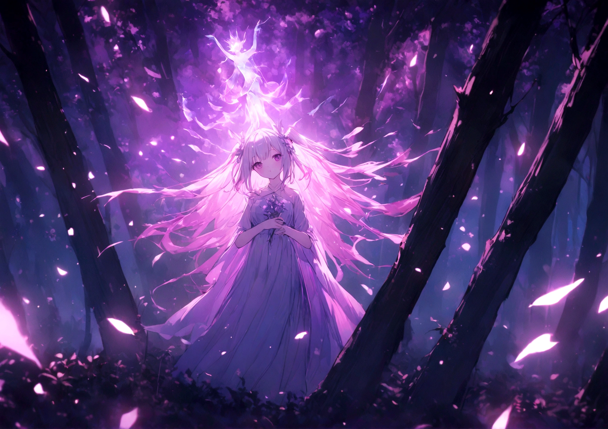 transparent spirit, feliz, Dark forest with purple and pink stars, 8K