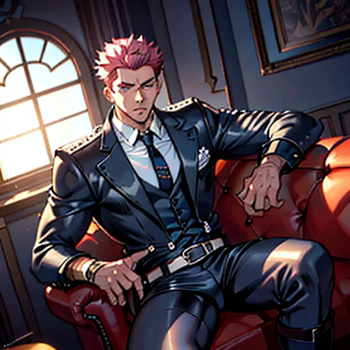 1boy, sukuna, male focus, muscular male, nsfw, 3D, realistic, indoor, normal hue, central, golden ratio, sitting on the leather couch, sharp-featured body, tall, burly, highres, slender build, perfect anatomy, skin texture, see-through bangs, shallow eyebrow, symmetrical eyebrow, large bright eyes, symmetrical eyes, double-edged polearm, broad shoulders, noble attire, abdominals stretch, tight-fitting, leather collar, stand-up collared shirt, striped leather necktie, leather waistcoat, open thickened glossy dark leather jacket, bulging muscles, leather gloves, black leather trousers, leather belt, spreading long thin legs, large erect penis over 10 inches length and 3 inches width, erection, large scrotum with testicles, masturbation, high-heeled leather boots, soft smile, handsome, powerful, from front, looking ahead at viewer, day, tattoo_On_his_face, male, full bodyesbian, A pink-haired, cow boy shot, 8K, super detailing, hands in a pocket, tight leather suit, masterpiece, best quality, hyper-detailed, intricate detail, professional photography, matte, bright, the most beautiful ever seen, post processing, dramatic lighting, ambient lighting, epic composition, ultrawide shot, uplight, raytracing reflections, depth of field, gorgeous background