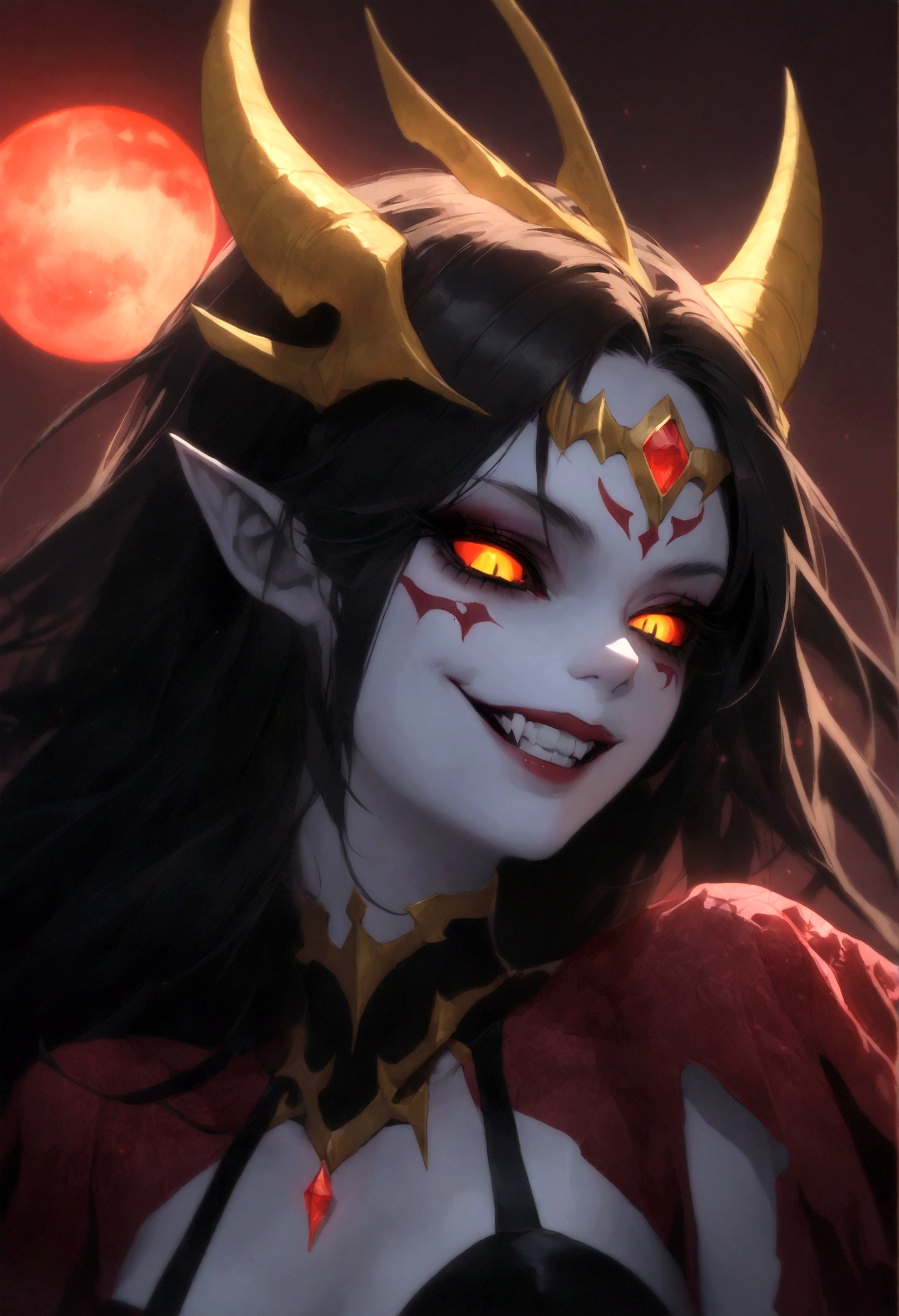 Demon queen, pale skin, black sclera, glowing yellow eyes, golden headpiece, dark red crystal on forehead long dragon horns, long black hair, blood moon background, wicked smile, dark, onimous