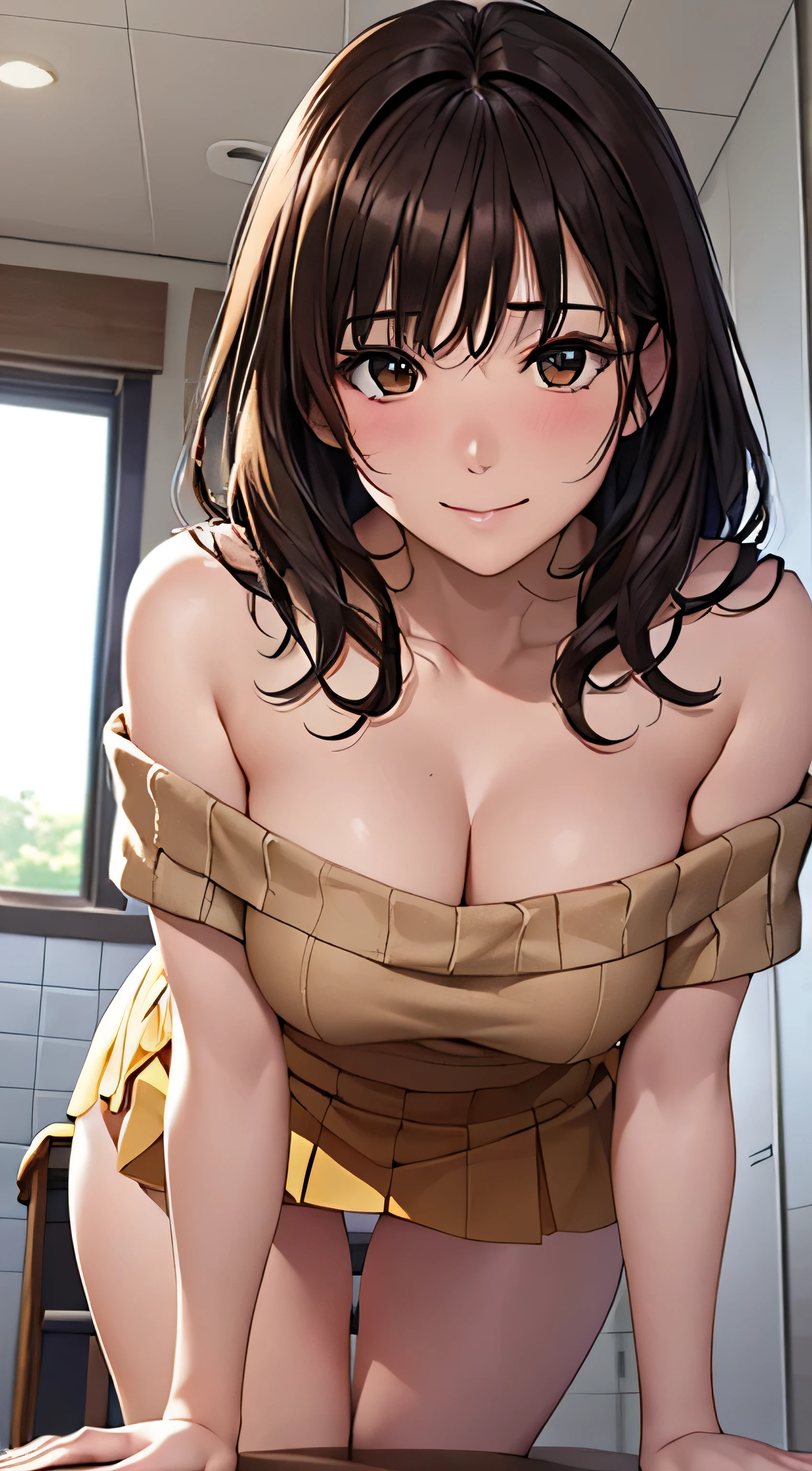 ((Tabletop, highest quality, High resolution, , Pixel Perfect, 4K,))), 1 female teacher, single, alone, beauty、The whole body is visible、 ((Mid-wave hair, bangs, Brown Hair)), ((Brown eyes, Beautiful eyelashes, Realistic eyes)), ((Detailed face, Blushing:1.2)), ((Smooth texture:0.75, Realistic texture:0.65, Realistic:1.1, Anime CG Style)), Center of chest, Dynamic Angle, Perfect body, (( , ,  Beige off-the-shoulder sweater,Long flared skirt in dark blue 、)), No bra、、Very embarrassing panic smile, 、Leaning forward、classroom、On all fours in the bath、Stick your butt out。Side bust、(Light blue floral lace panties are visible)、Angle from below)、