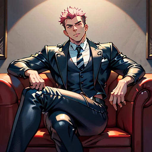 1boy, sukuna, male focus, muscular male, nsfw, 3D, realistic, indoor, normal hue, central, golden ratio, sitting on the leather couch, sharp-featured body, tall, burly, highres, slender build, perfect anatomy, skin texture, see-through bangs, shallow eyebrow, symmetrical eyebrow, large bright eyes, symmetrical eyes, double-edged polearm, broad shoulders, noble attire, abdominals stretch, tight-fitting, leather collar, stand-up collared shirt, striped leather necktie, leather waistcoat, open thickened glossy dark leather jacket, bulging muscles, leather gloves, black leather trousers, leather belt, spreading long thin legs, large erect penis over 10 inches length and 3 inches width, erection, large scrotum with testicles, masturbation, high-heeled leather boots, soft smile, handsome, powerful, from front, looking ahead at viewer, day, tattoo_On_his_face, male, full bodyesbian, A pink-haired, cow boy shot, 8K, super detailing, hands in a pocket, tight leather suit, masterpiece, best quality, hyper-detailed, intricate detail, professional photography, matte, bright, the most beautiful ever seen, post processing, dramatic lighting, ambient lighting, epic composition, ultrawide shot, uplight, raytracing reflections, depth of field, gorgeous background