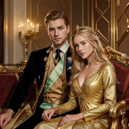 (masterpiece, mate, high quality, best quality) king and queen. magnificent and luxurious work clothes. a young king with perfect blonde hair, blue eyes giving the impression of a handsome man, sitting on a throne with a queen. with gold color dress, beautiful facial features, royal portrait, queen with long black hair, resin colored hair, white skin, bright gold dress. Background: Royal garden at night. golden-haired blue-eyed king, 24 years old, detailed face, dashing man. the queen wears a green dress with a neckline, the male king in a royal costume, gold details, gold ornaments, looks at the camera with a smile