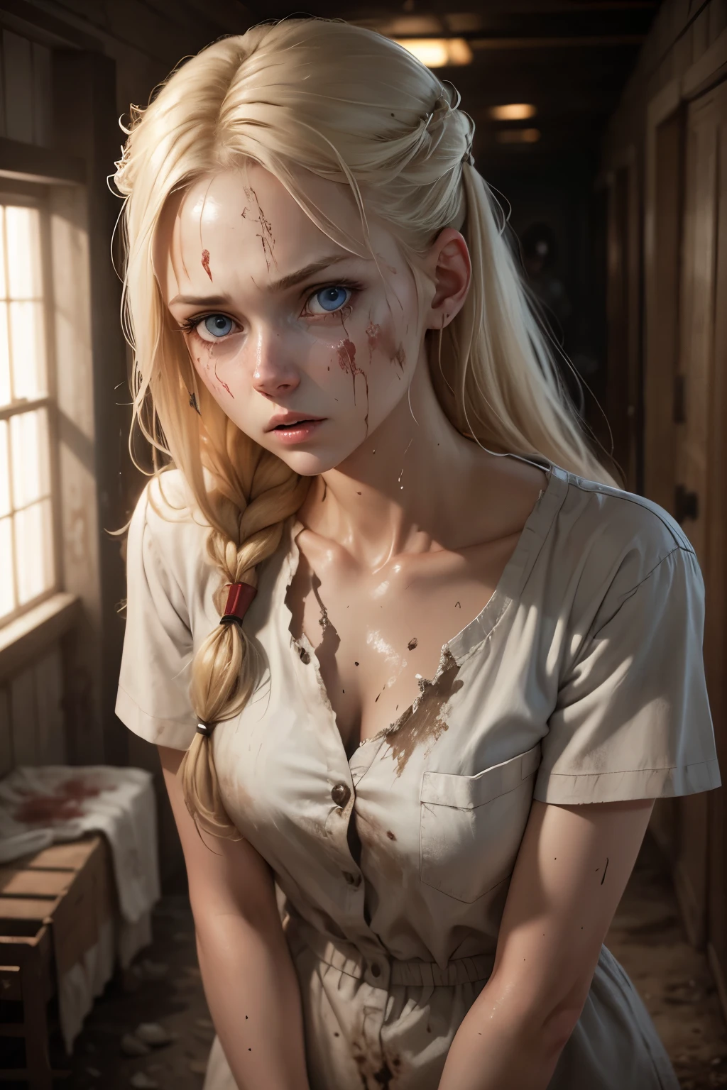 standing, facing forward, beautiful white woman in her 20s, mud, scratches on face, mud stained blonde hair and face, dirty nurse clothes, smooth skin, scared expressions, isometric details, amazingly realistic photos, blue eyes, zombie apocalypse, give me 3 images