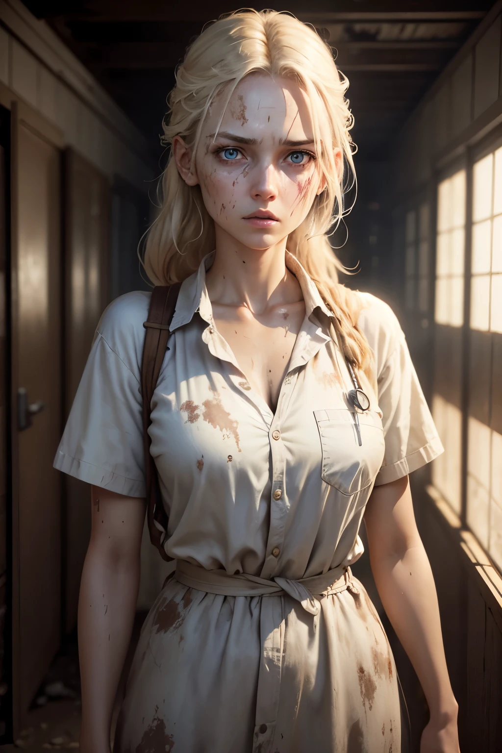 standing, facing forward, beautiful white woman in her 20s, mud, scratches on face, mud stained blonde hair and face, dirty nurse clothes, smooth skin, scared expressions, isometric details, amazingly realistic photos, blue eyes, zombie apocalypse, give me 3 images