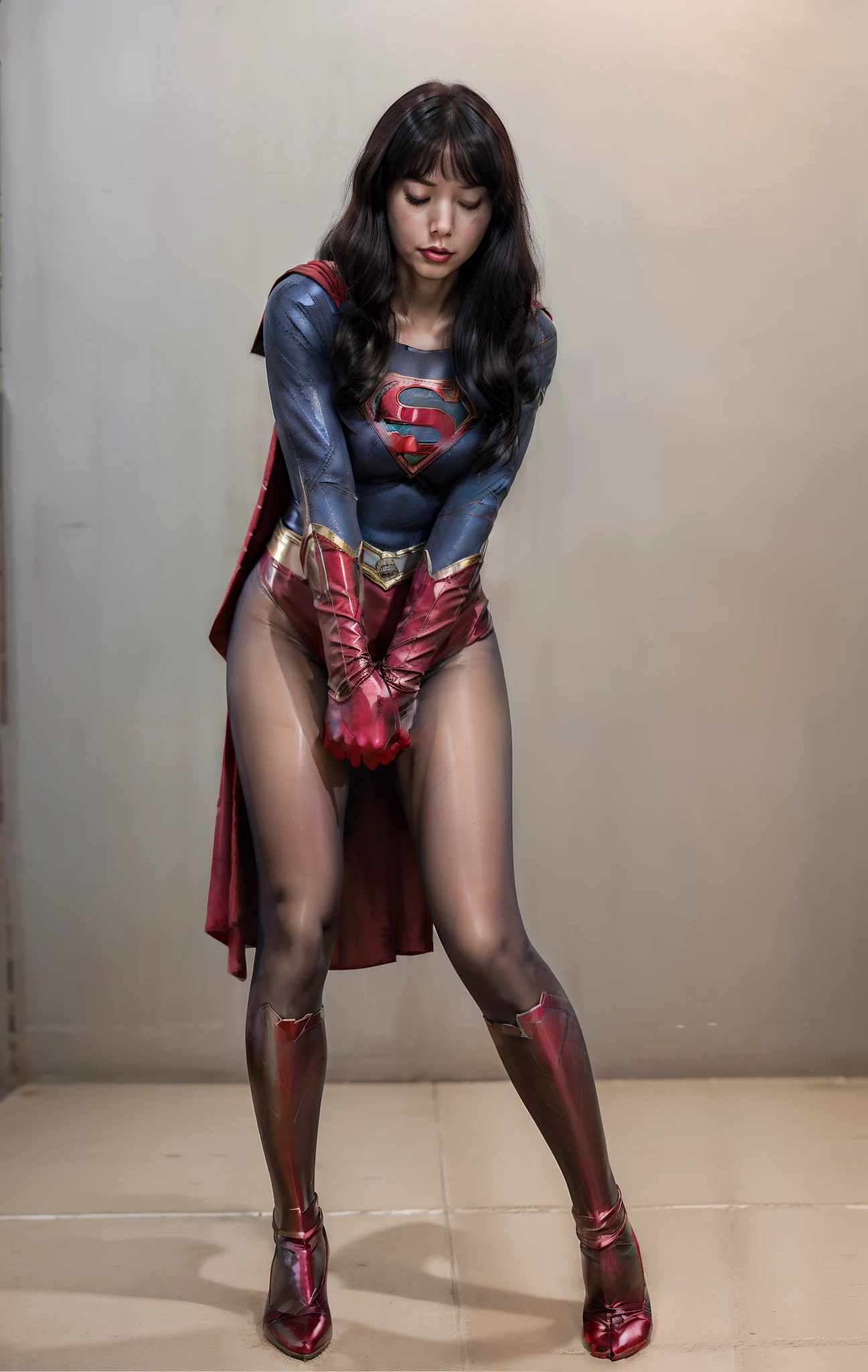 (((Make the most of your original images)))、(((Supergirl Costume)))、(((hang)))、(((close your eyes、Sleeping)))、((bra、weak legs))、(((Downward、Pushed down)))、((obtain))、((suffering))、((Doll condition))、((suffering))、(((Wear red gloves)))、(((Shiny black hair)))