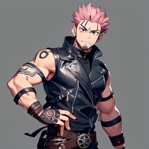 (masterpiece, best quality:1.2), cowboy shot, 1boy, sukuna, leather fingerless gloves, tattoo_on_his_face, manly, full body, biker, pink hair, intricate details, utra detailed, black leather, muscular male, eye focus, biker jacket, anatomically correct,