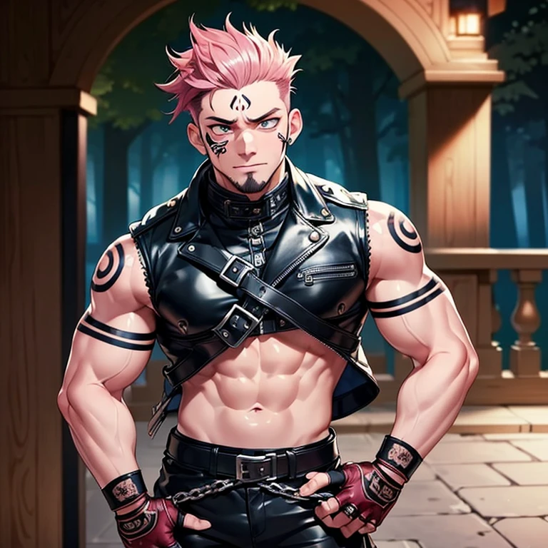 (masterpiece, best quality:1.2), ????, cowboy shot, 1boy, sukuna, leather fingerless gloves, tattoo_on_his_face, manly, full body, biker, pink hair, intricate details, ultra detailed, black leather, muscular male, eye focus, biker jacket, anatomically correct,