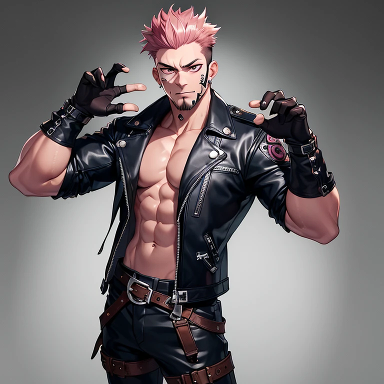 (masterpiece, best quality:1.2), nsfw, cowboy shot, 1boy, sukuna, leather fingerless gloves, tattoo_on_his_face, manly, full body, biker, pink hair, intricate details, ultra detailed, black leather, muscular male, eye focus, biker jacket, anatomically correct,
