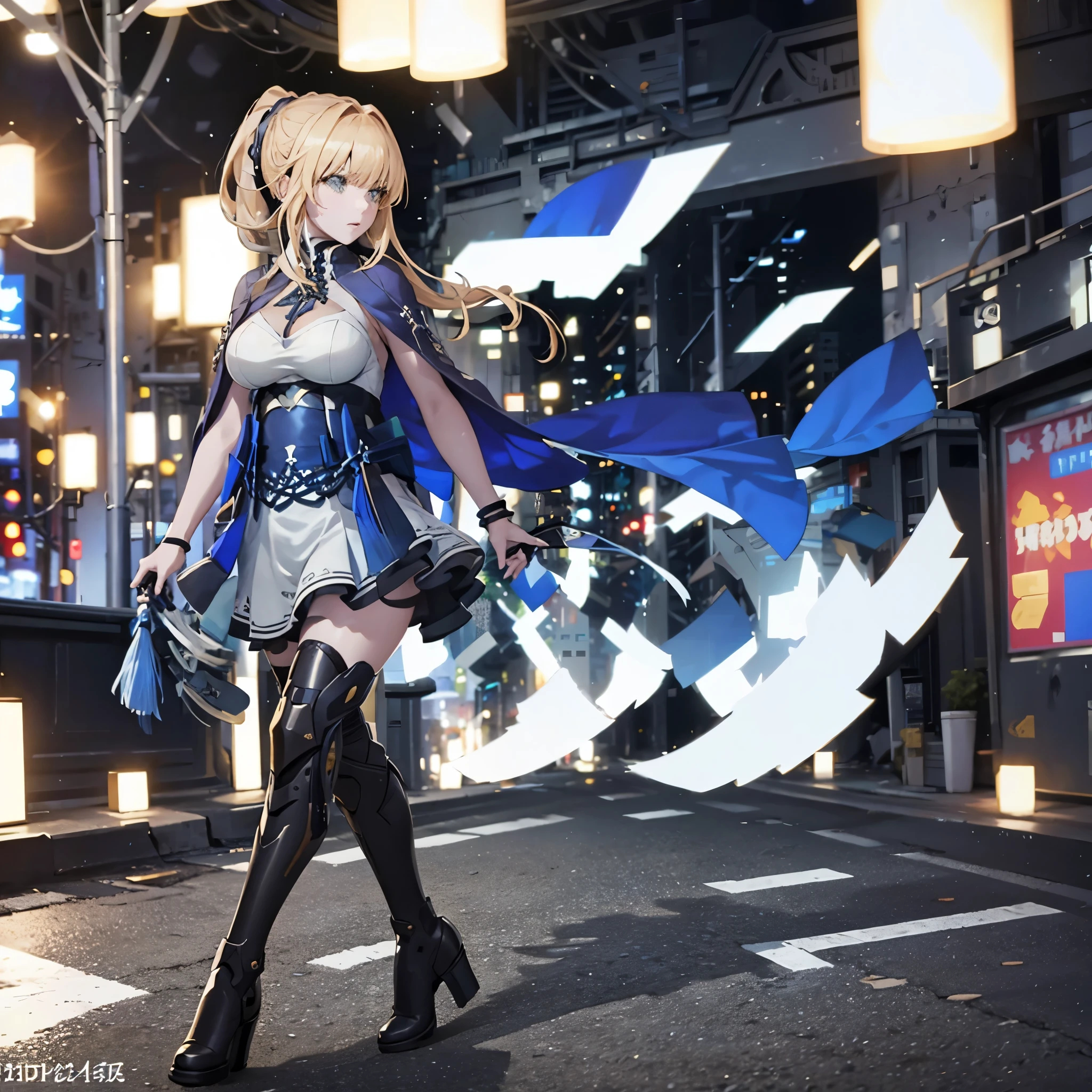 A woman wearing an open long-sleeved blue coat, white shirt, blue skirt, black tights, metal boots, big breasts, green eyes, long blonde hair, ponytail hair, metal bracelet, walking on a concrete sidewalk with the place in ruins, blurred background, background explosion.(solo woman),flower, UHD, masterpiece, accurate, anatomically correct, textured skin, super detail, high quality, best quality, 8k, high resolution, bokeh effect.

