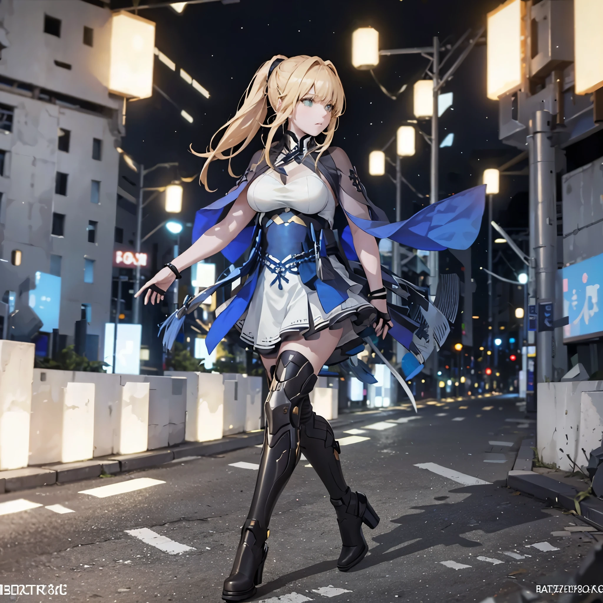 A woman wearing an open long-sleeved blue coat, white shirt, blue skirt, black tights, metal boots, big breasts, green eyes, long blonde hair, ponytail hair, metal bracelet, walking on a concrete sidewalk with the place in ruins, blurred background, background explosion.(solo woman),flower, UHD, masterpiece, accurate, anatomically correct, textured skin, super detail, high quality, best quality, 8k, high resolution, bokeh effect.

