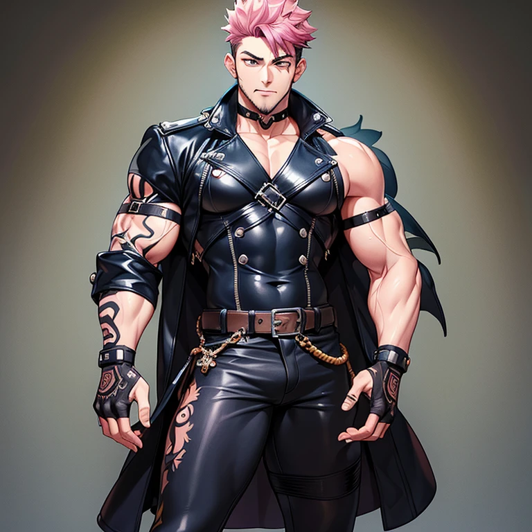 (masterpiece, best quality:1.2), nsfw, cowboy shot, 1boy, sukuna, leather fingerless gloves, tattoo_on_his_face, manly, full body, biker, pink hair, intricate details, ultra detailed, black leather, muscular male, large erect penis over 10 inches length and 3 inches width, erection, eye focus, biker jacket, anatomically correct,