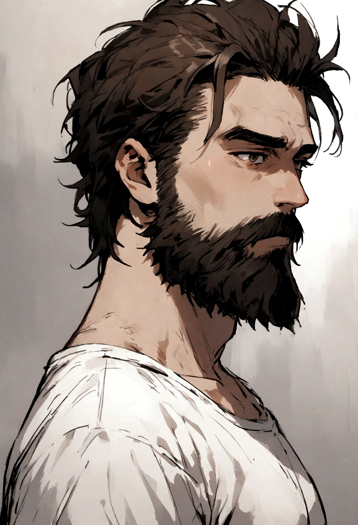 Man with beard, white t-shirt
