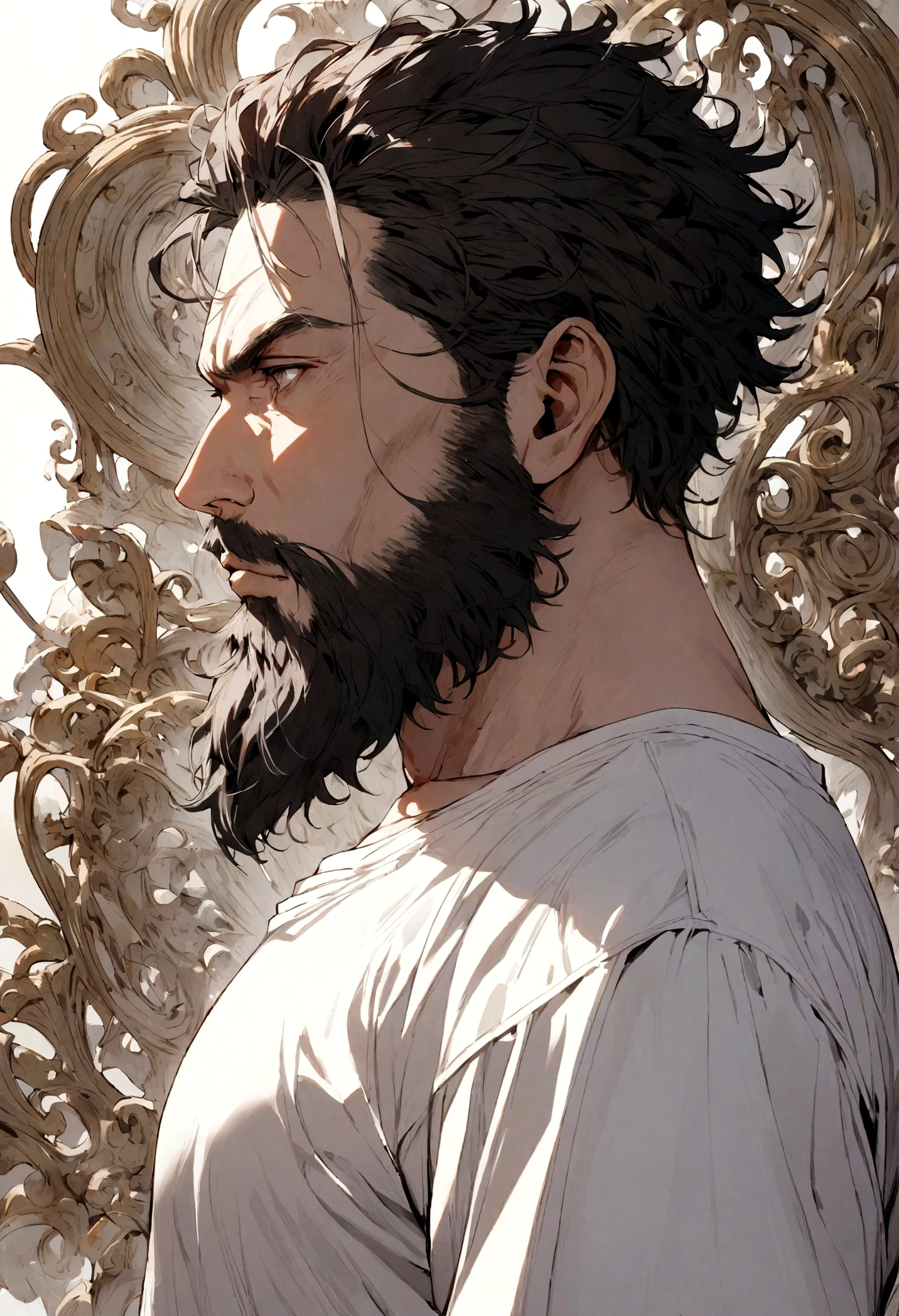 Man with beard, white t-shirt